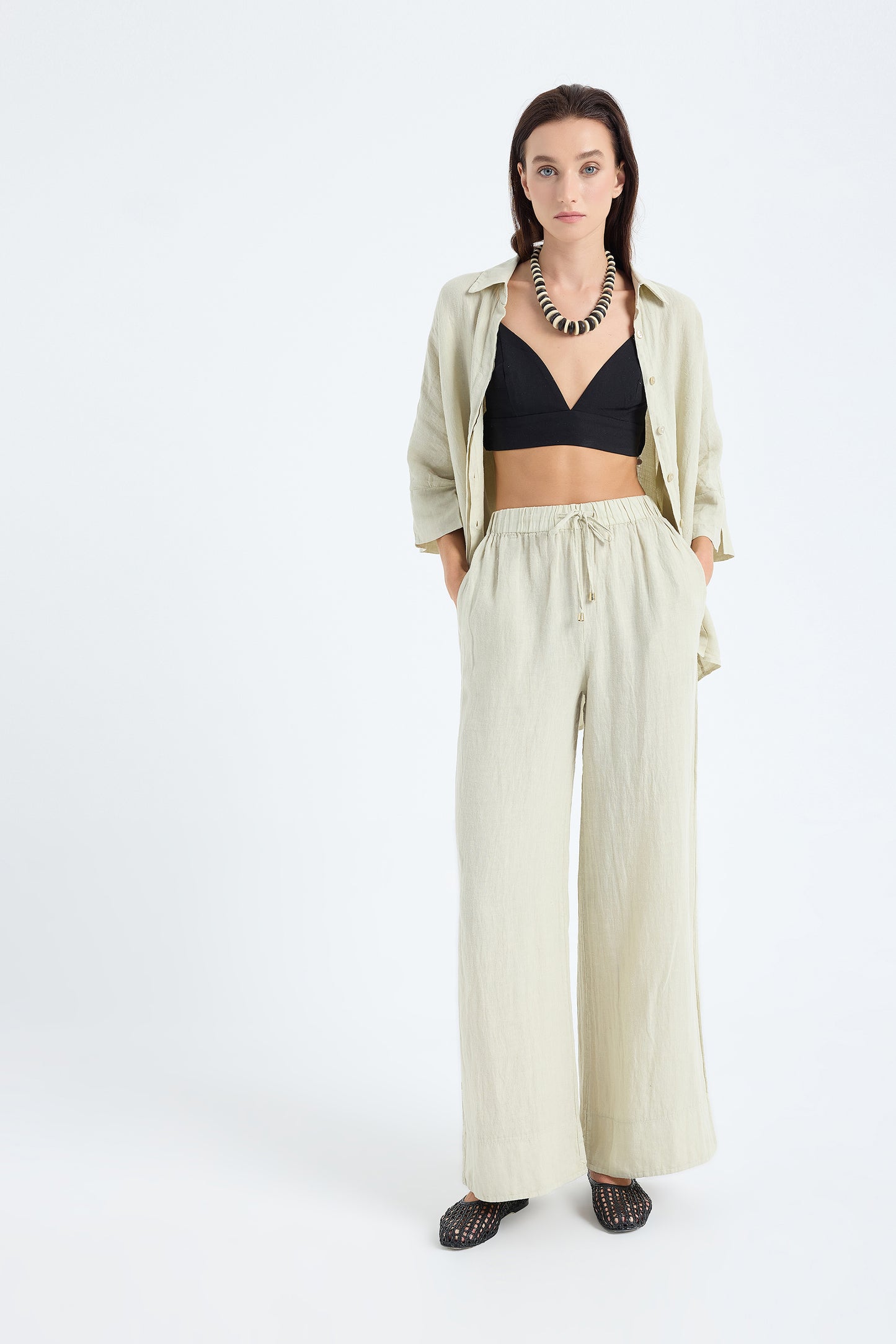 Ciel 100% Linen Wide-Leg Pants - Stone