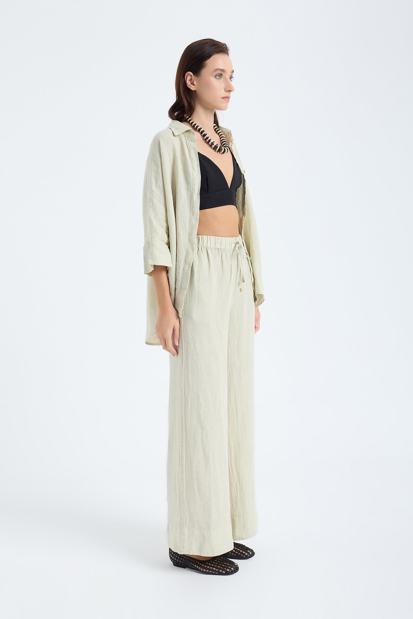 Ciel 100% Linen Wide-Leg Pants - Stone