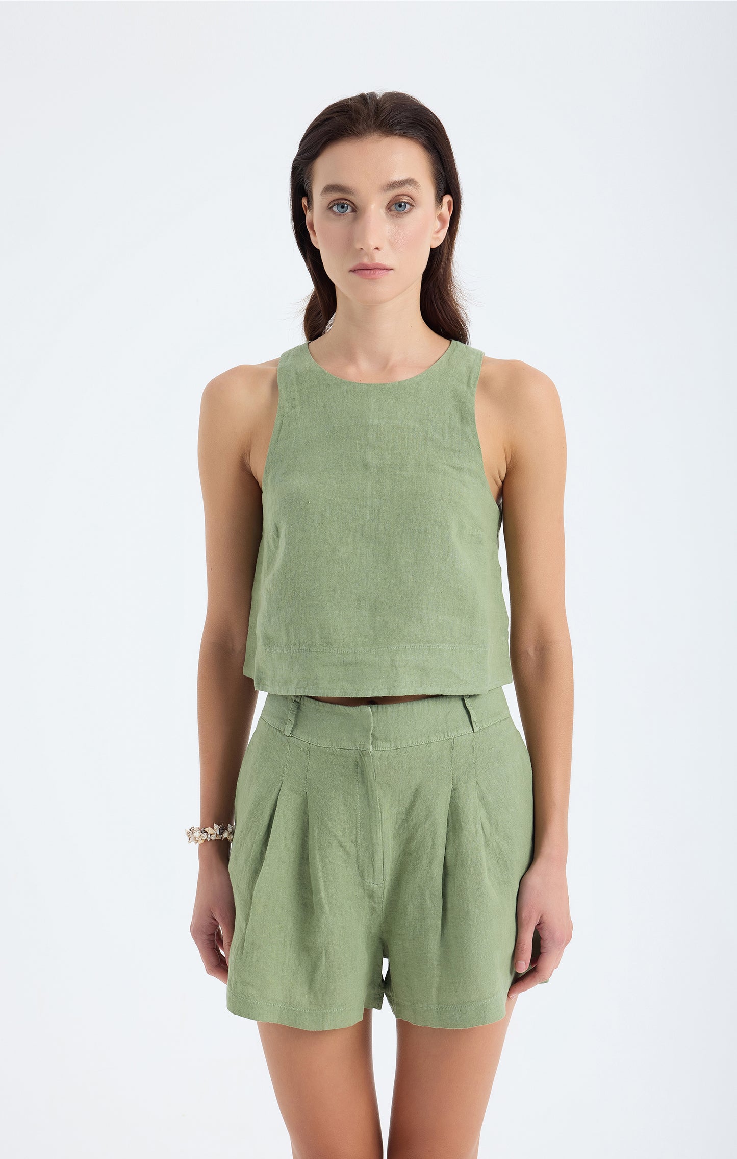 Lena 100% Linen Sleeveless Crop Top - Green
