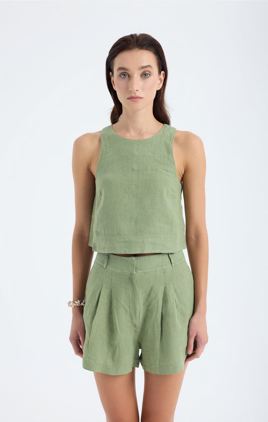 Lena 100% Linen Sleeveless Crop Top - Green