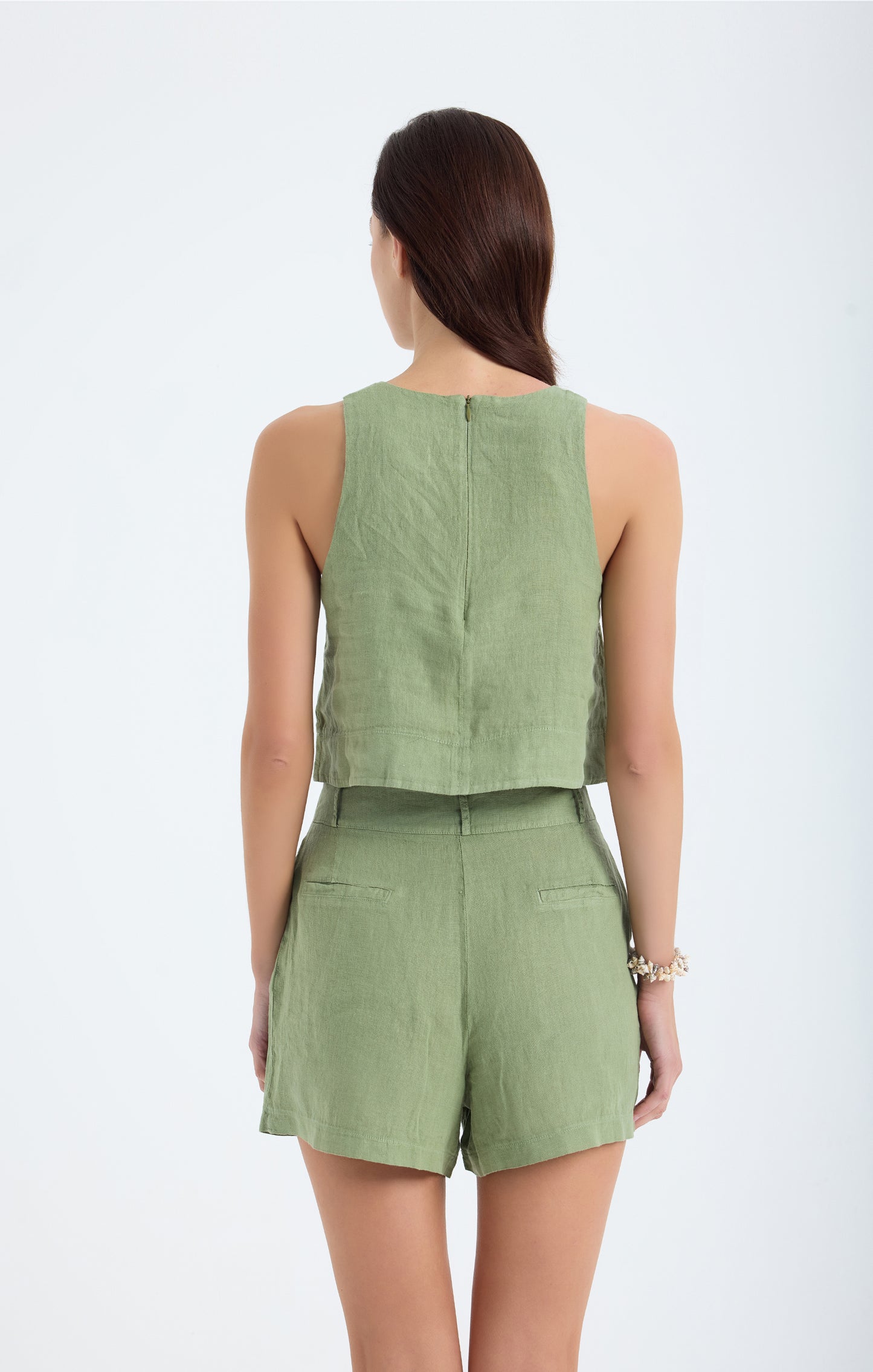 Reve 100% Linen Relaxed Fit High-Waist Shorts - Green