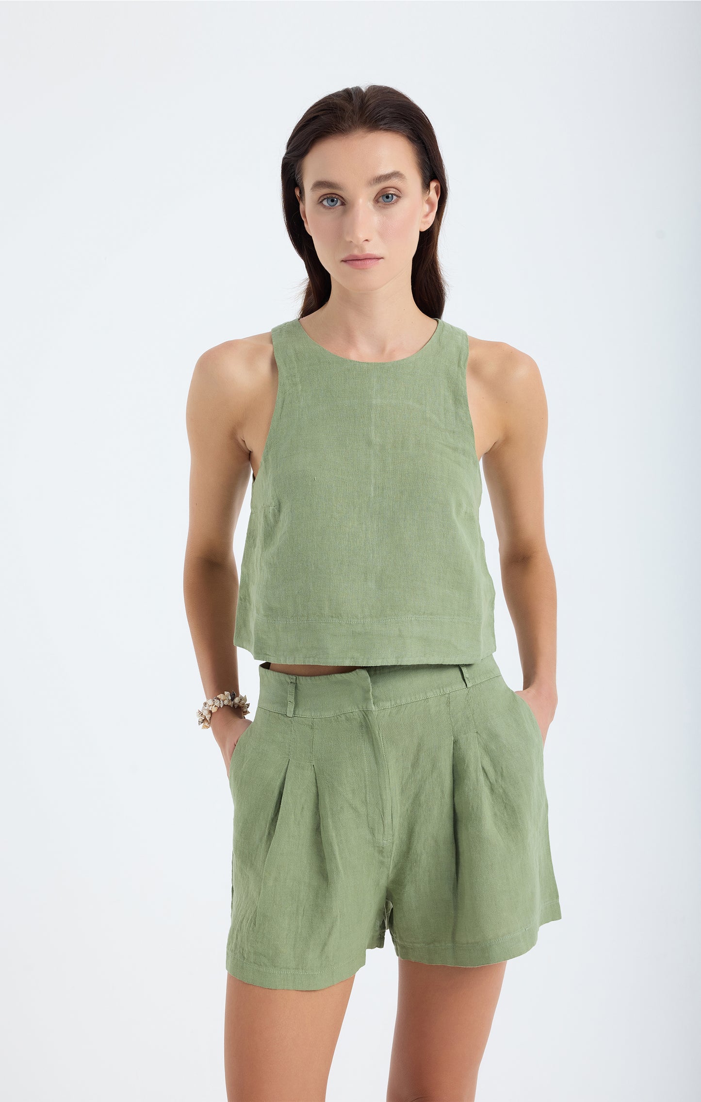 Lena 100% Linen Sleeveless Crop Top - Green