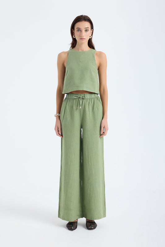 Ciel 100% Linen Wide-Leg Pants - Green
