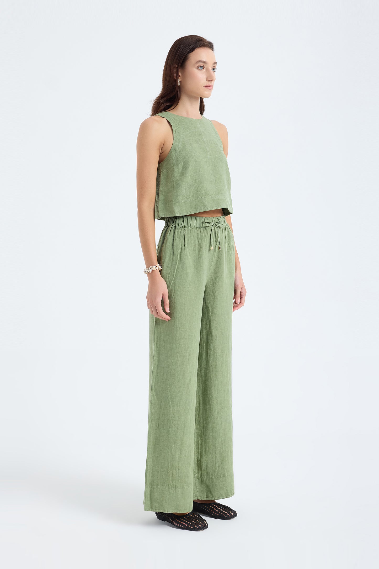 Ciel 100% Linen Wide-Leg Pants - Green