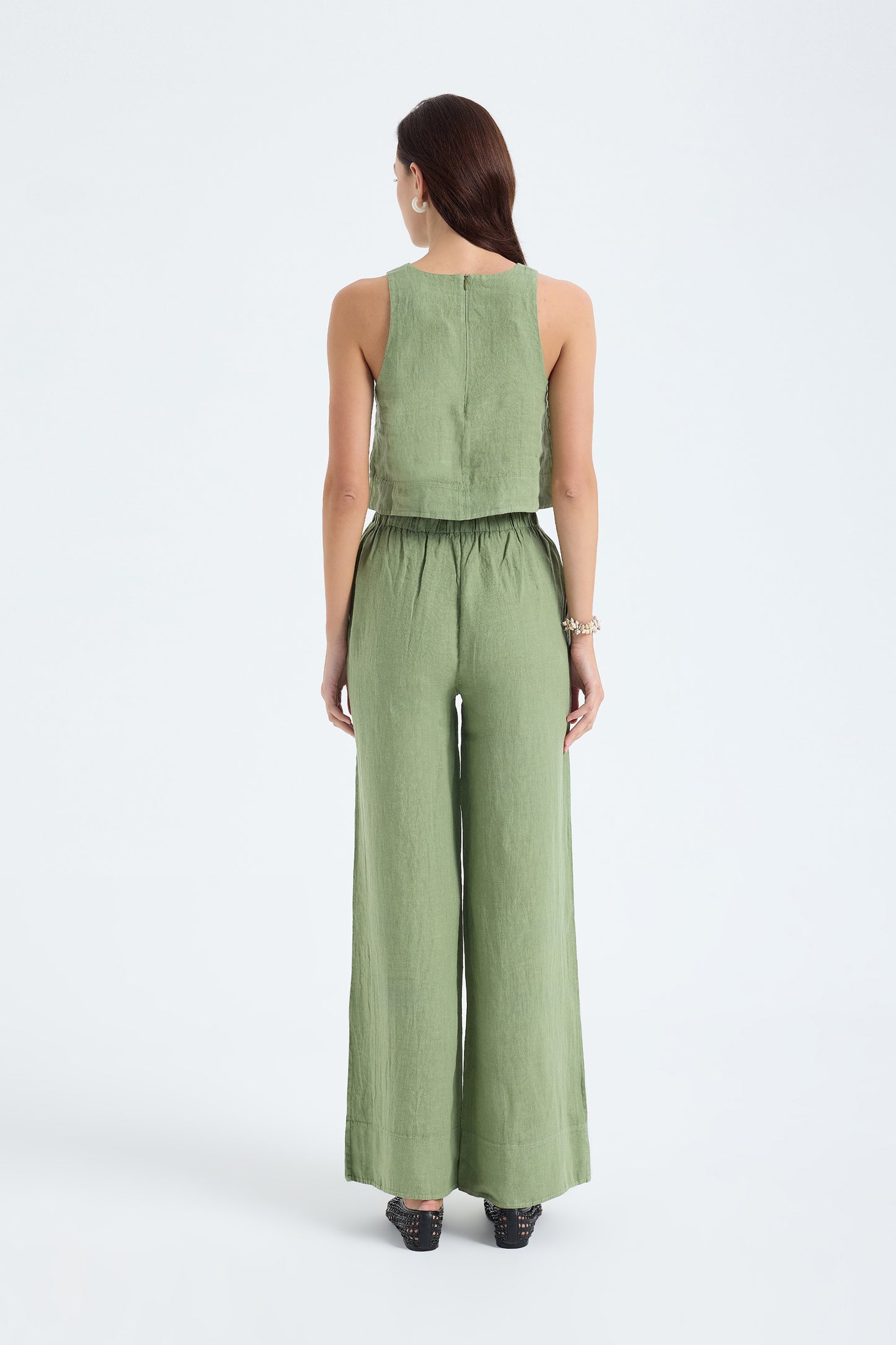 Ciel 100% Linen Wide-Leg Pants - Green