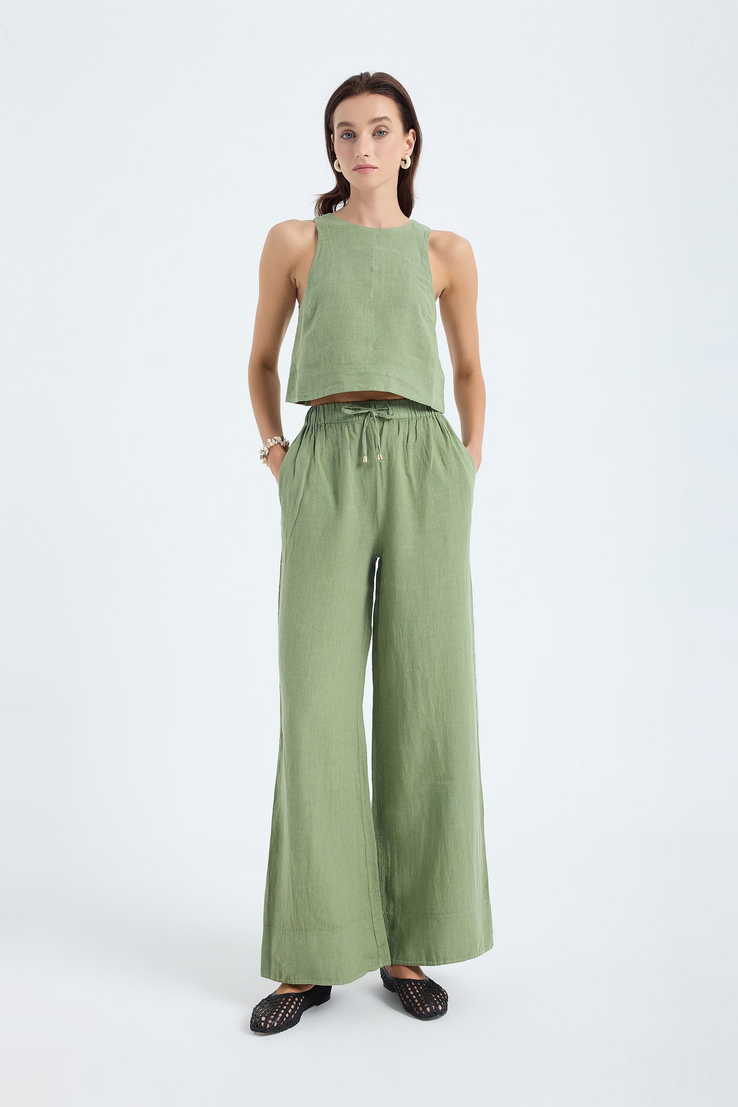 Ciel 100% Linen Wide-Leg Pants - Green