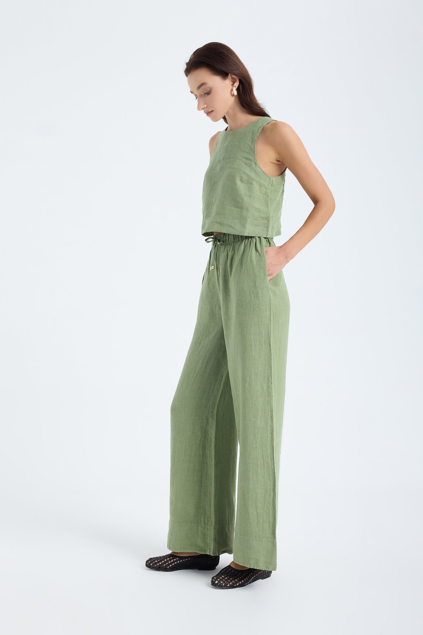 Ciel 100% Linen Wide-Leg Pants - Green