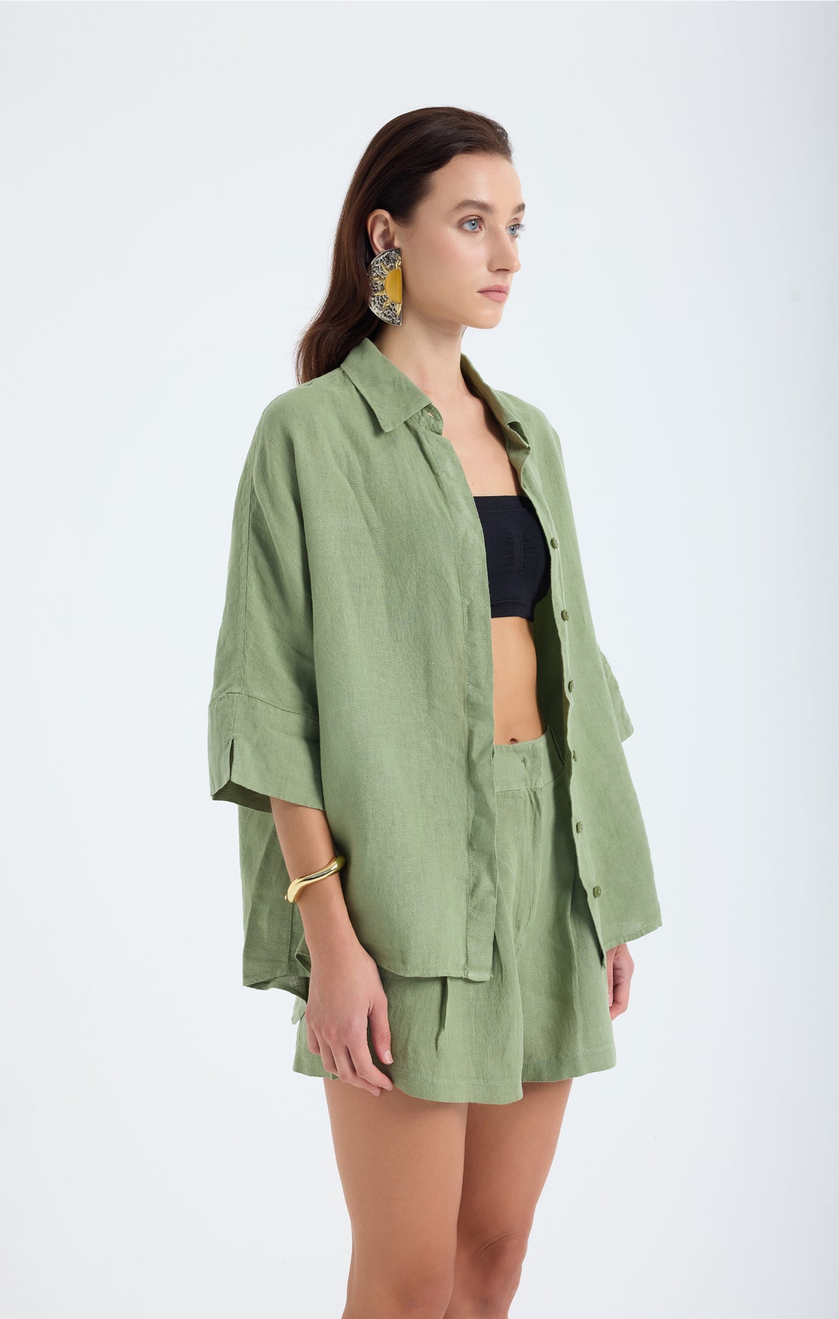 Iyan 100% Linen Oversize Shirt - Green