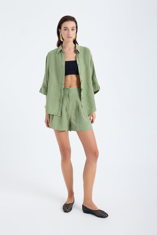 Iyan 100% Linen Oversize Shirt - Green