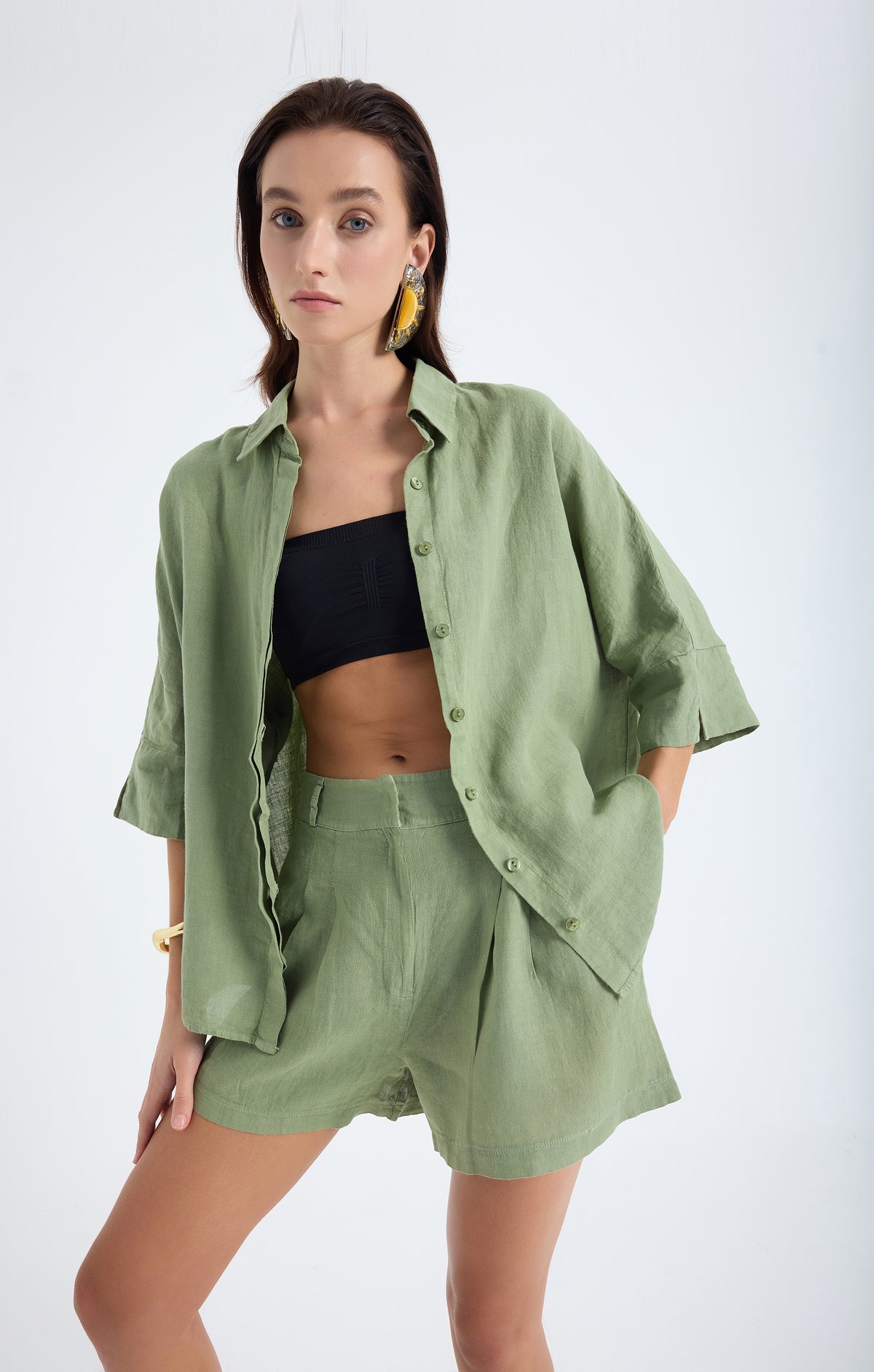 Iyan 100% Linen Oversize Shirt - Green