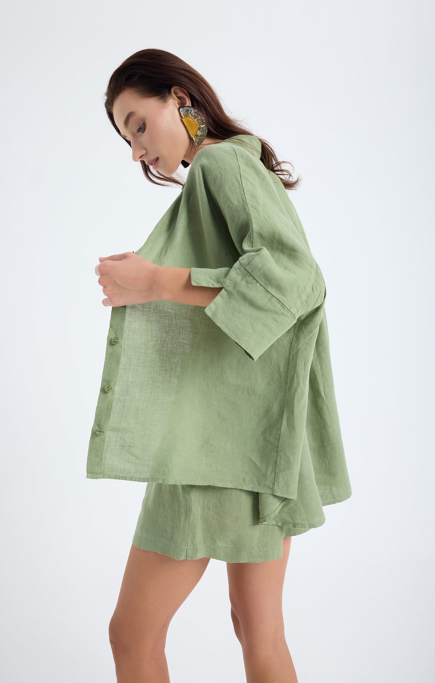 Iyan 100% Linen Oversize Shirt - Green