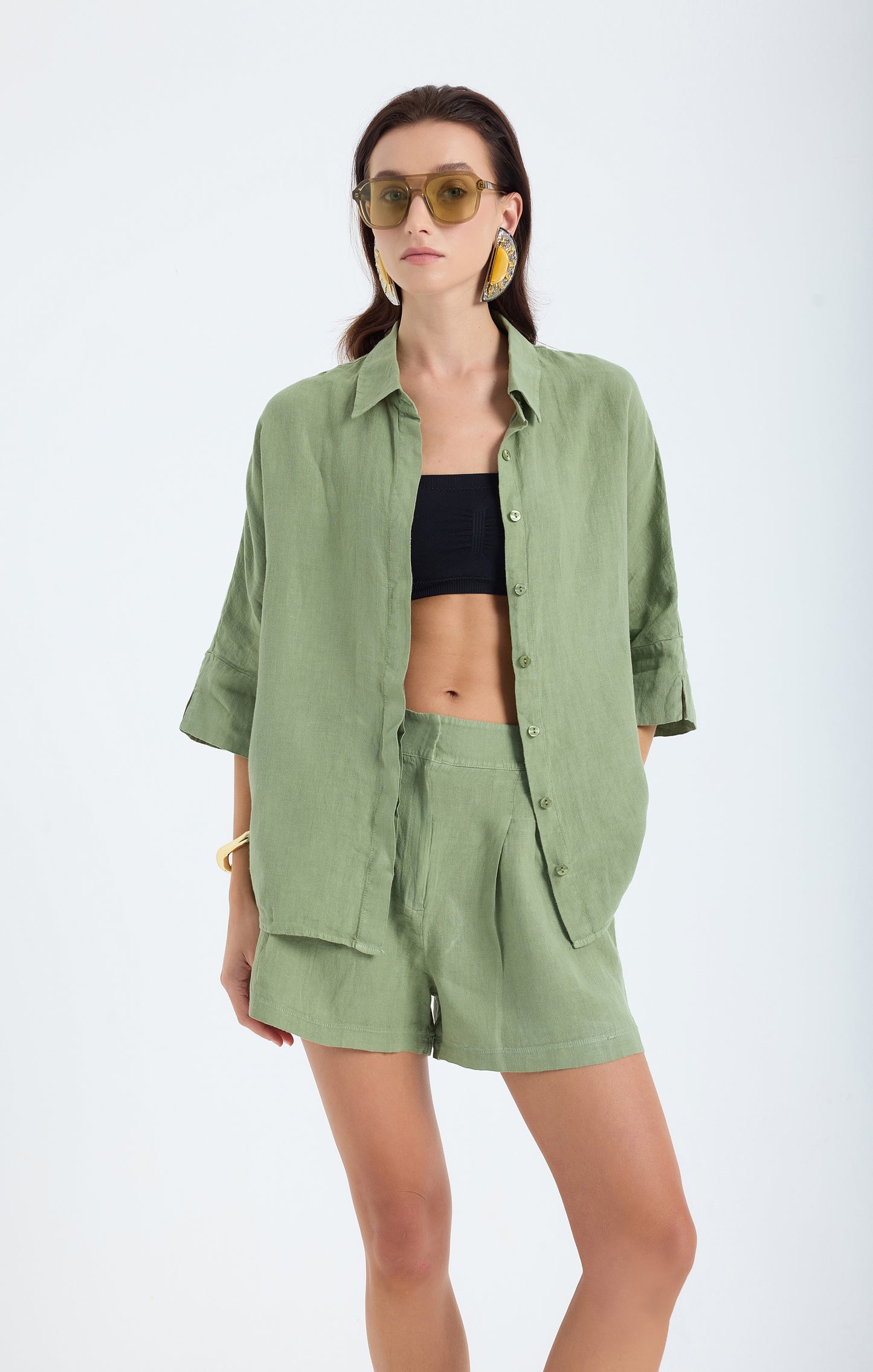 Iyan 100% Linen Oversize Shirt - Green