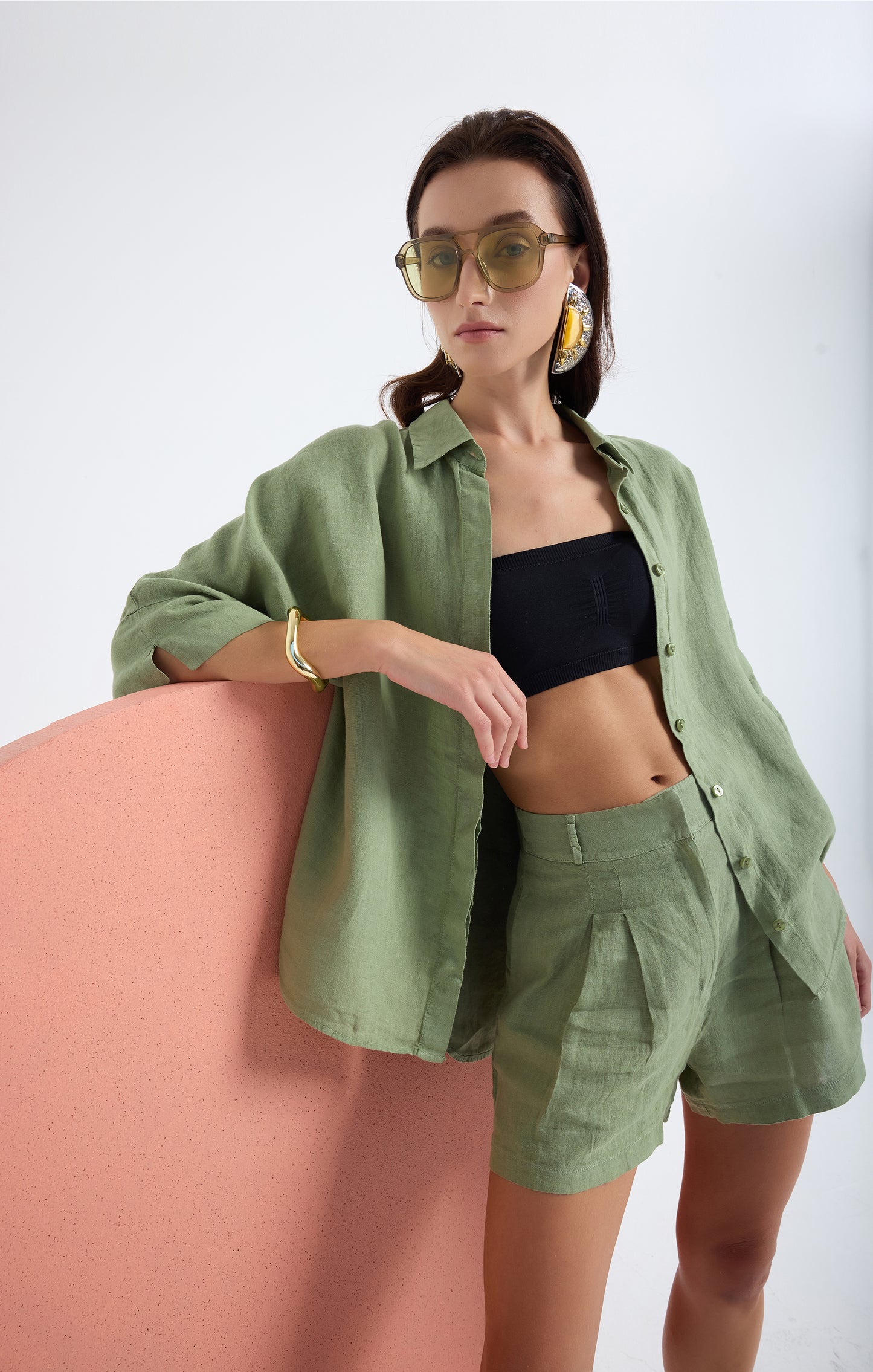 Iyan 100% Linen Oversize Shirt - Green