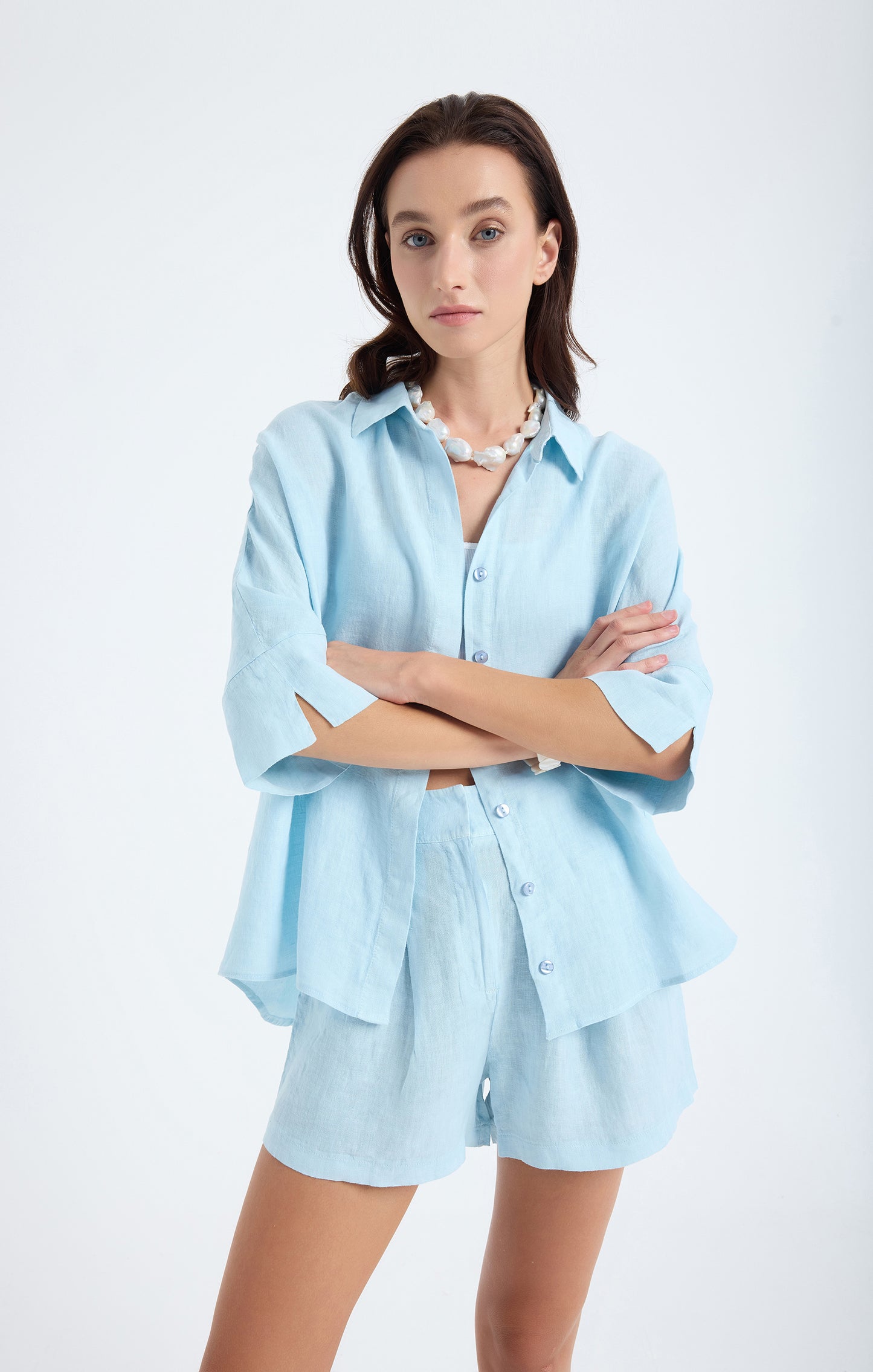 Iyan 100% Linen Oversize Shirt - Blue