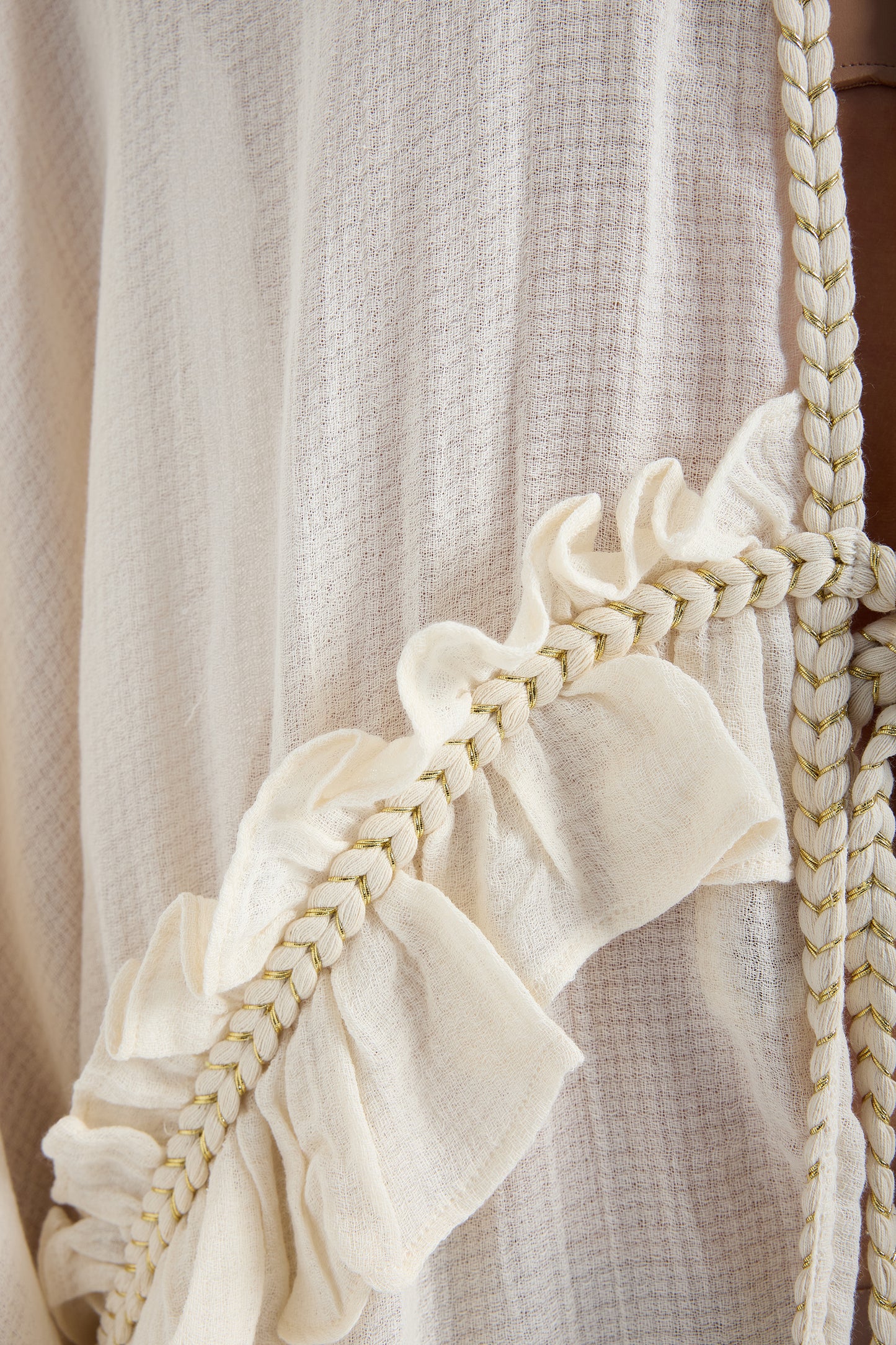 Leora 100% Cotton with Gold Braided Details Maxi Kimono  - Ivory