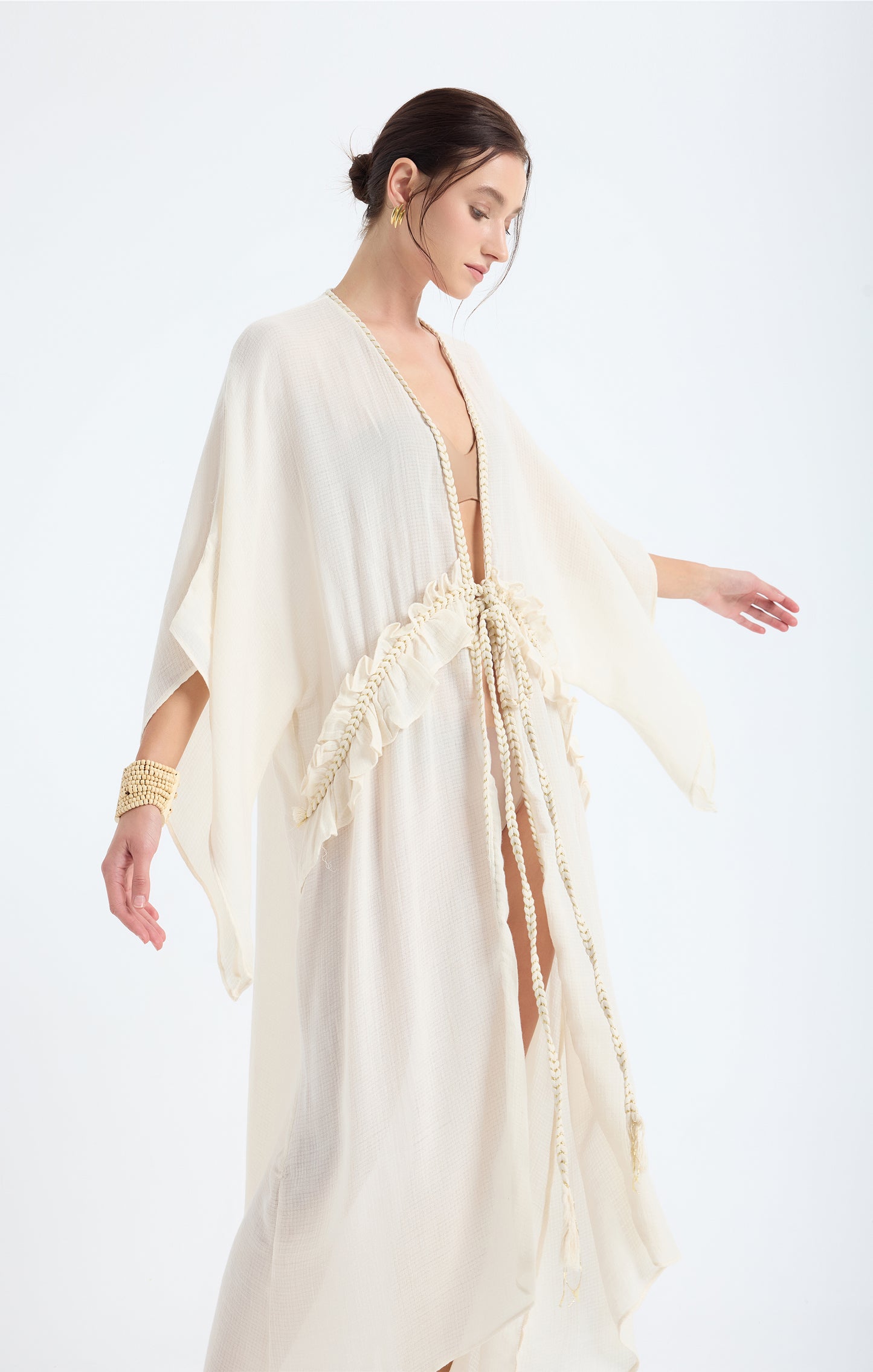 Leora 100% Cotton with Gold Braided Details Maxi Kimono  - Ivory