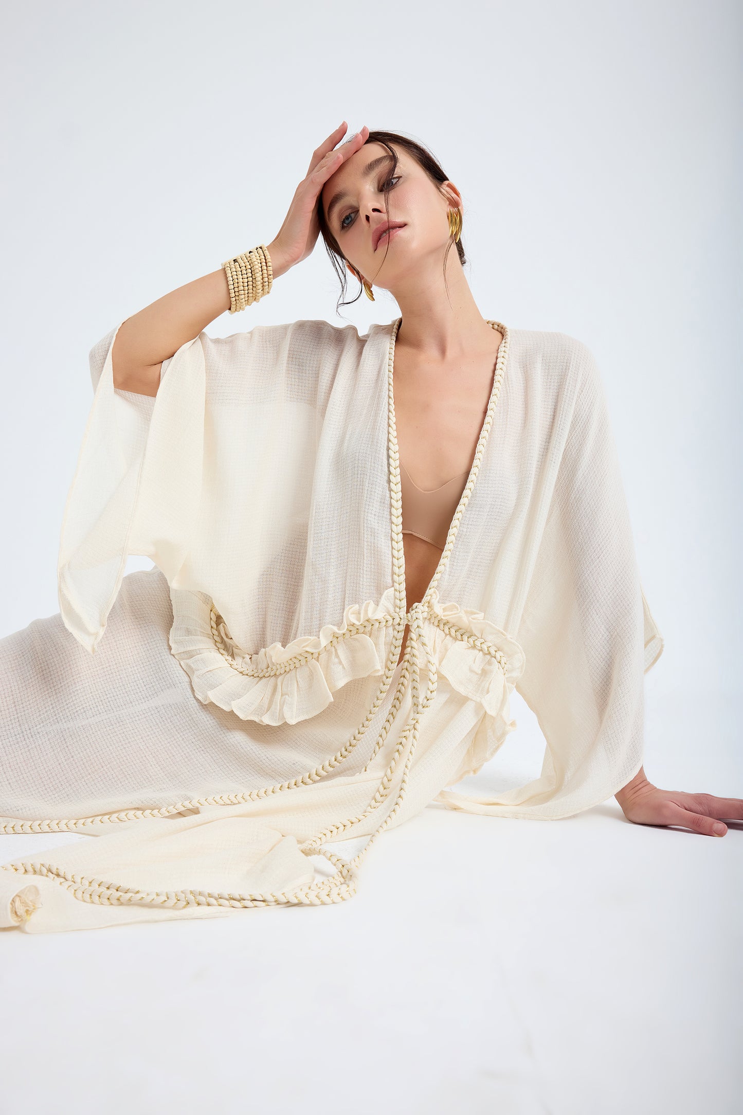 Leora 100% Cotton with Gold Braided Details Maxi Kimono  - Ivory