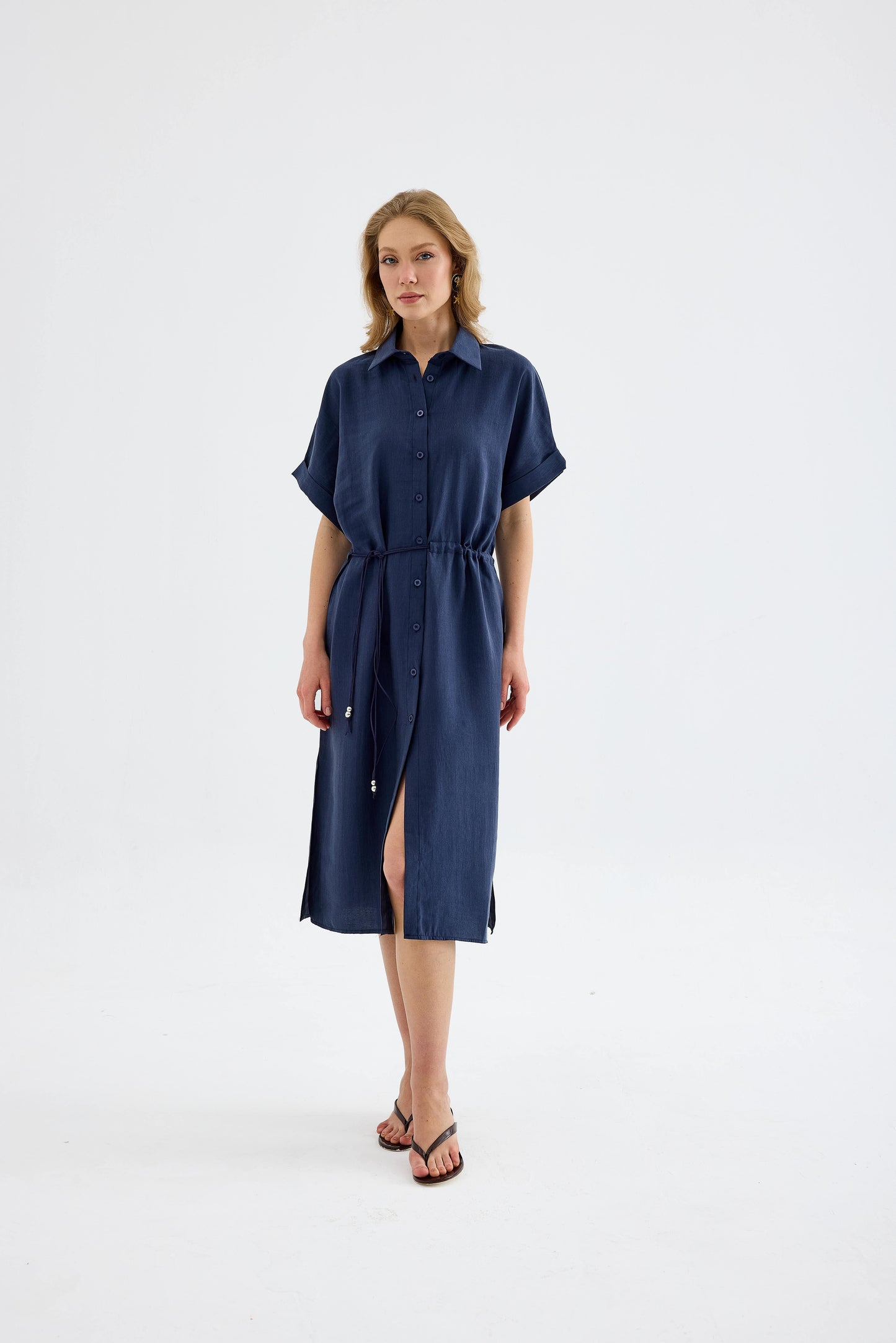 Solenne Cotton Midi Shirt Dress - Navy Blue