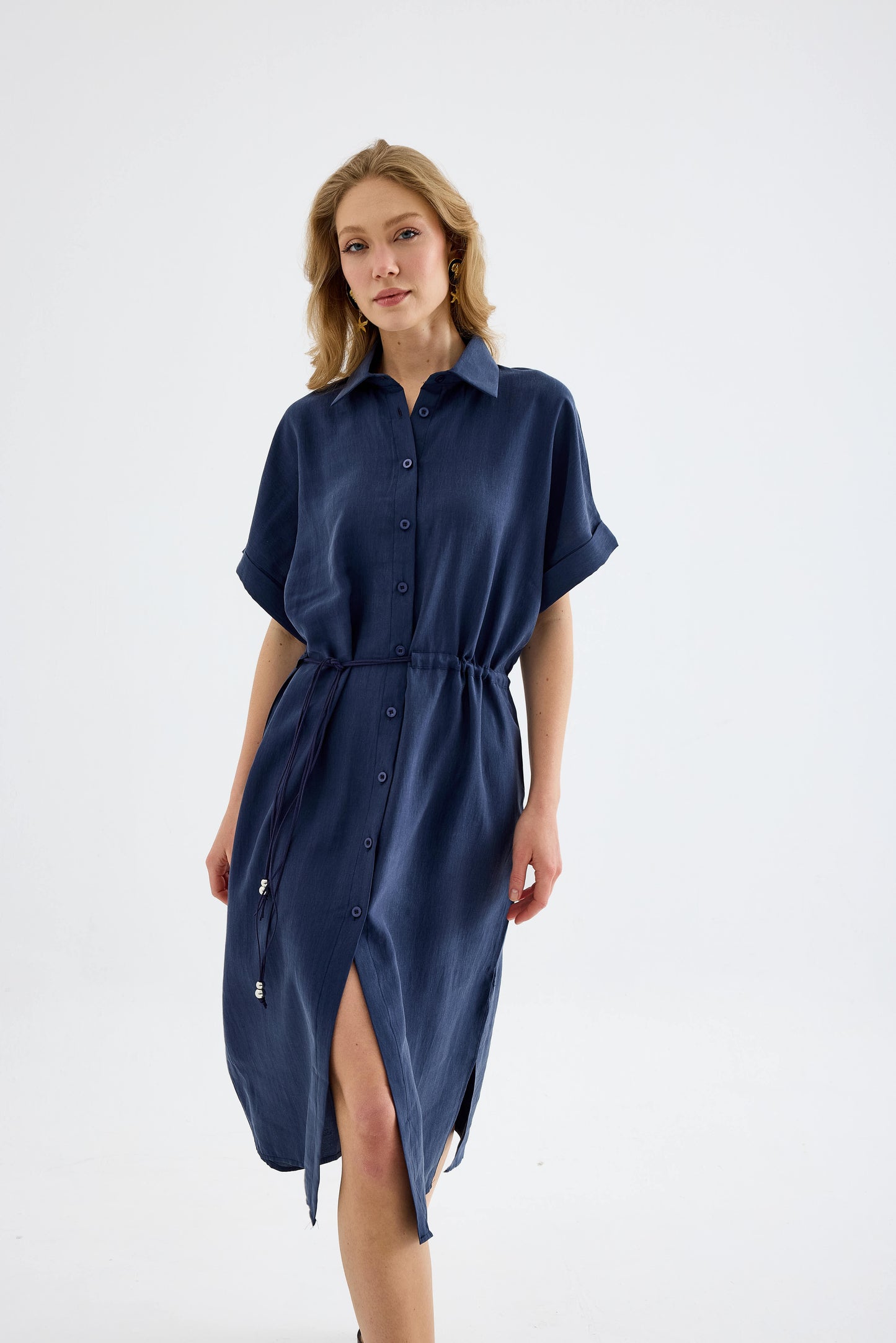 Solenne Cotton Midi Shirt Dress - Navy Blue