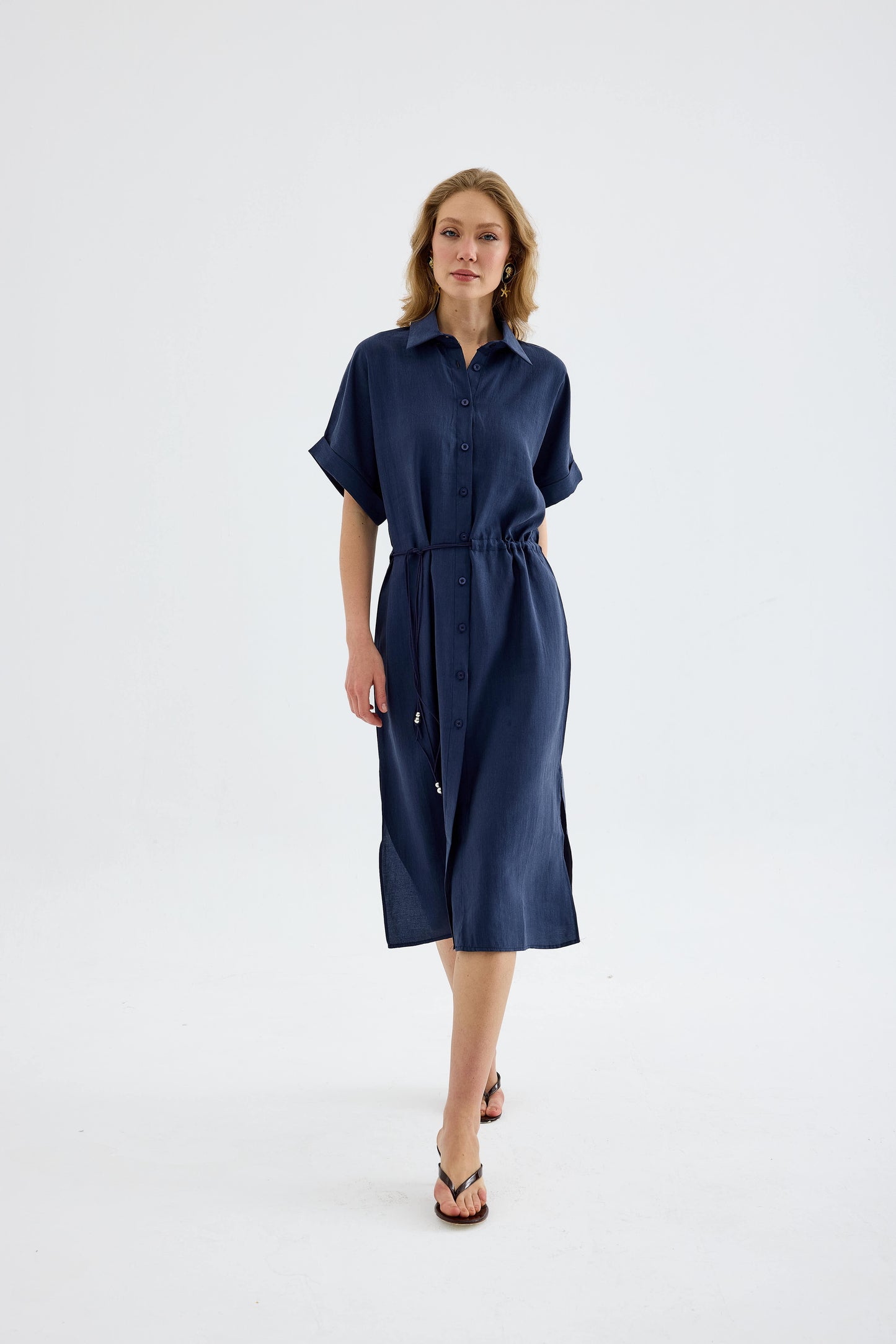 Solenne Cotton Midi Shirt Dress - Navy Blue