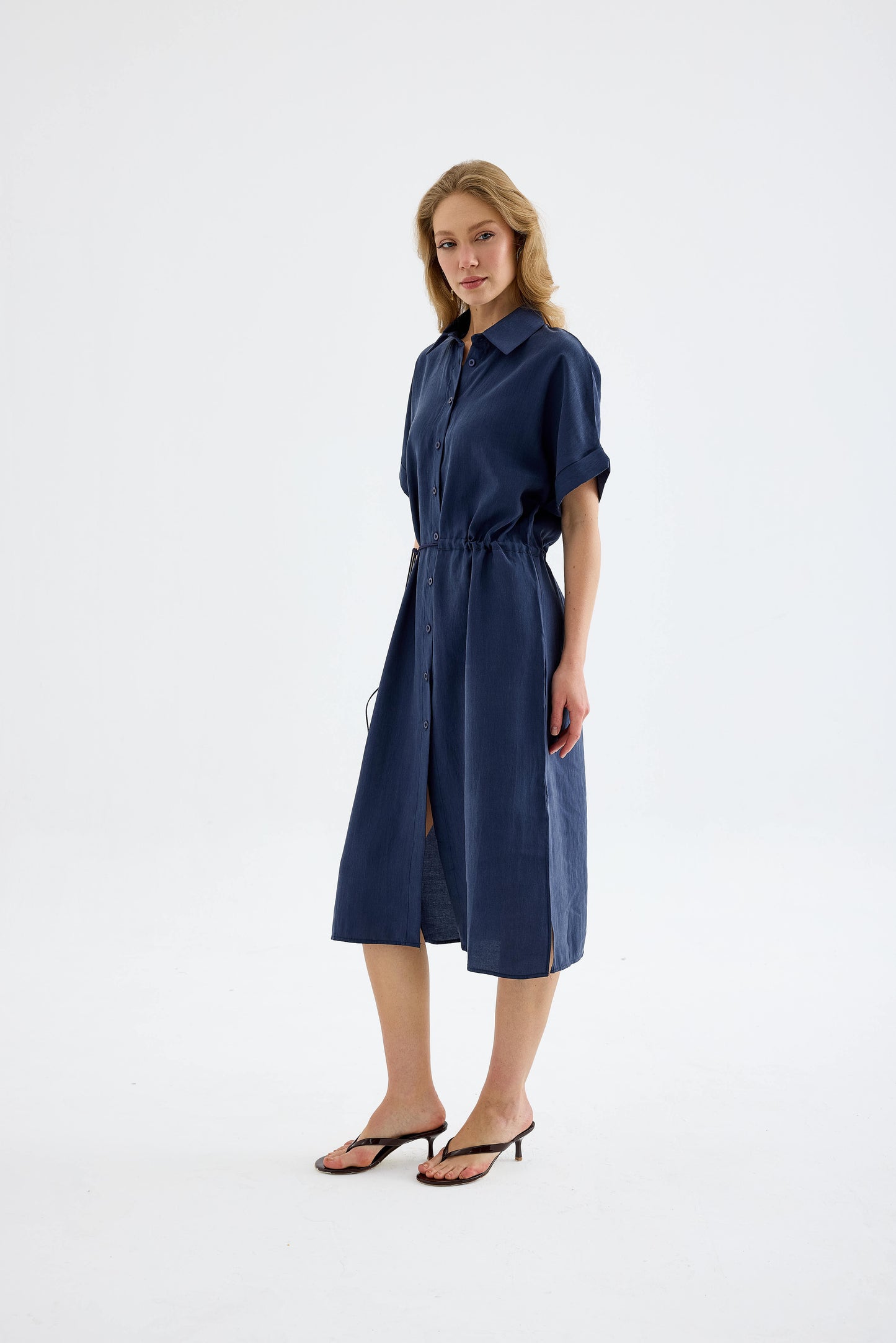 Solenne Cotton Midi Shirt Dress - Navy Blue