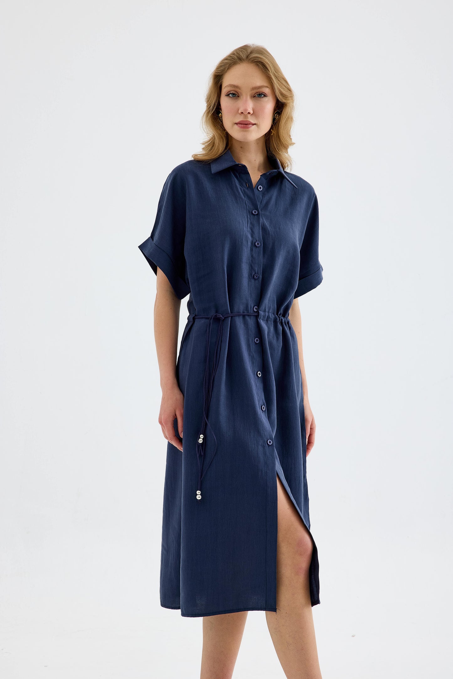 Solenne Cotton Midi Shirt Dress - Navy Blue