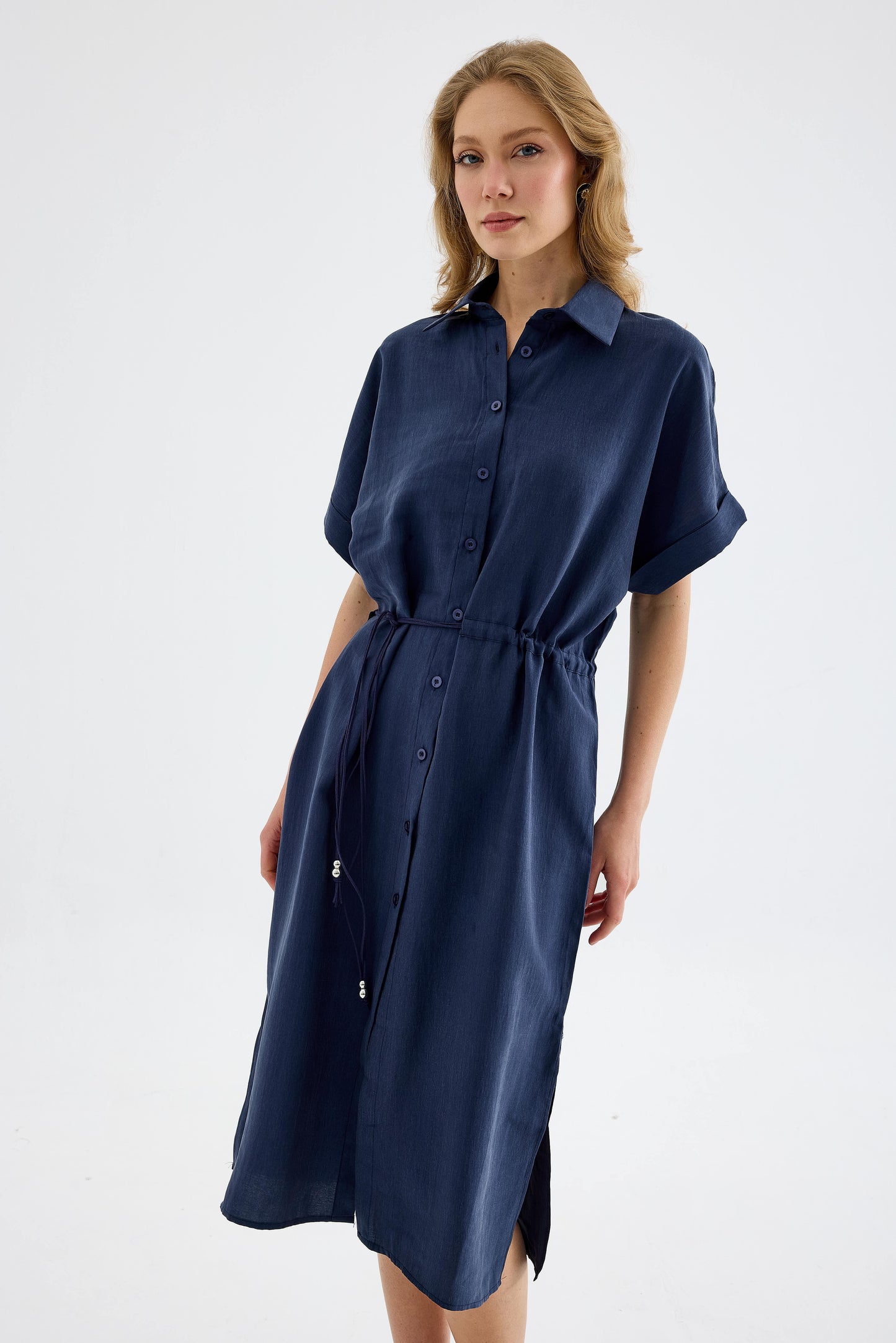 Solenne Cotton Midi Shirt Dress - Navy Blue