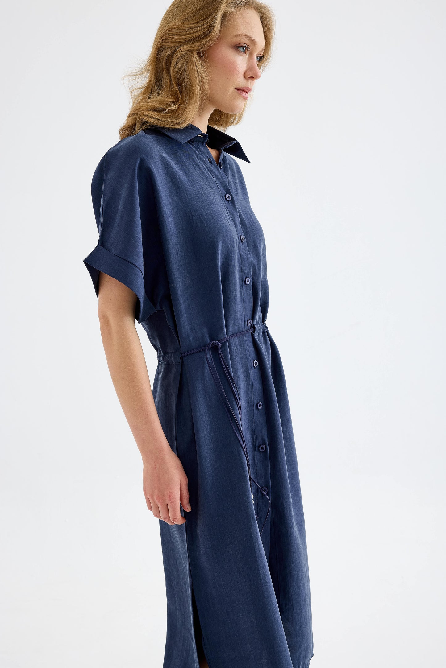 Solenne Cotton Midi Shirt Dress - Navy Blue
