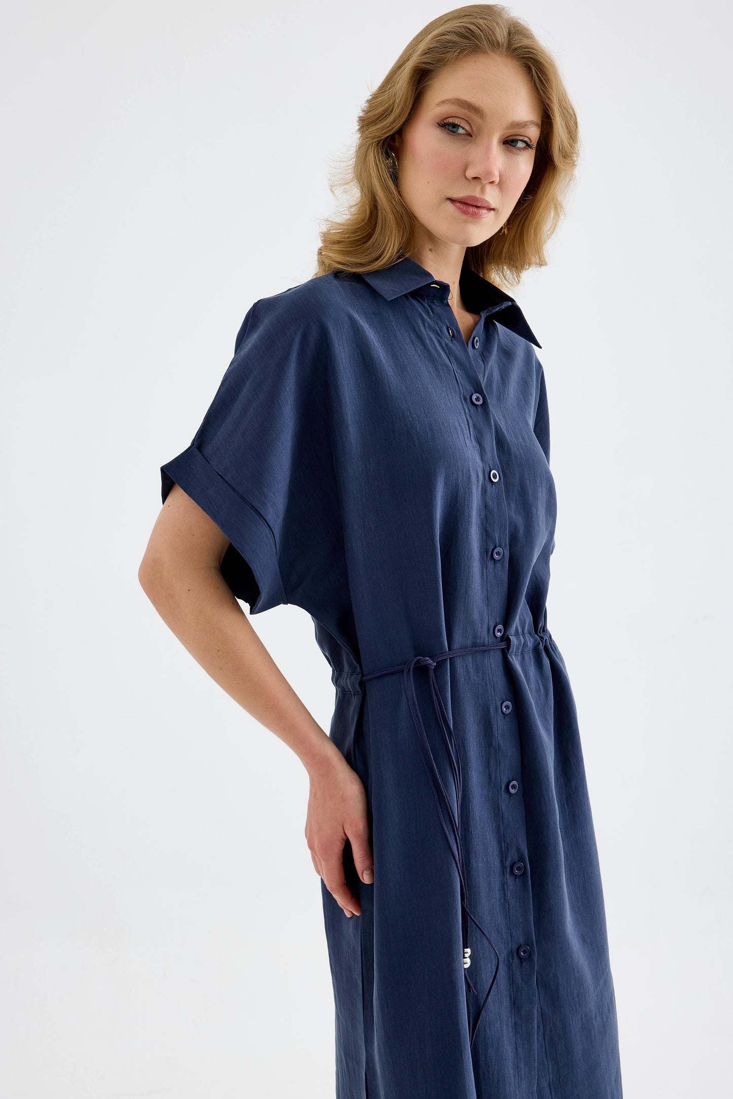 Solenne Cotton Midi Shirt Dress - Navy Blue
