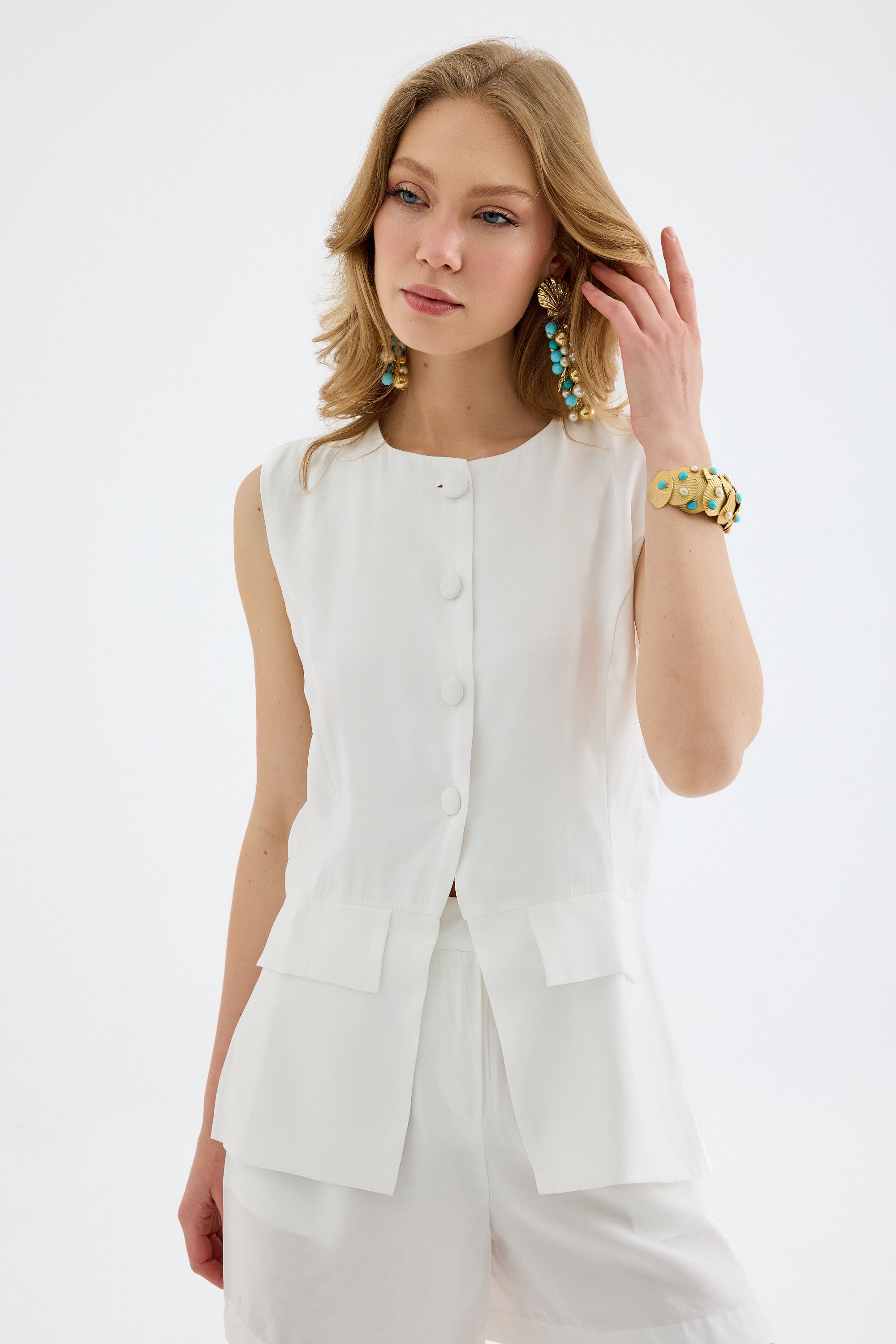 Anaelle Button-Front Flared Vest - White