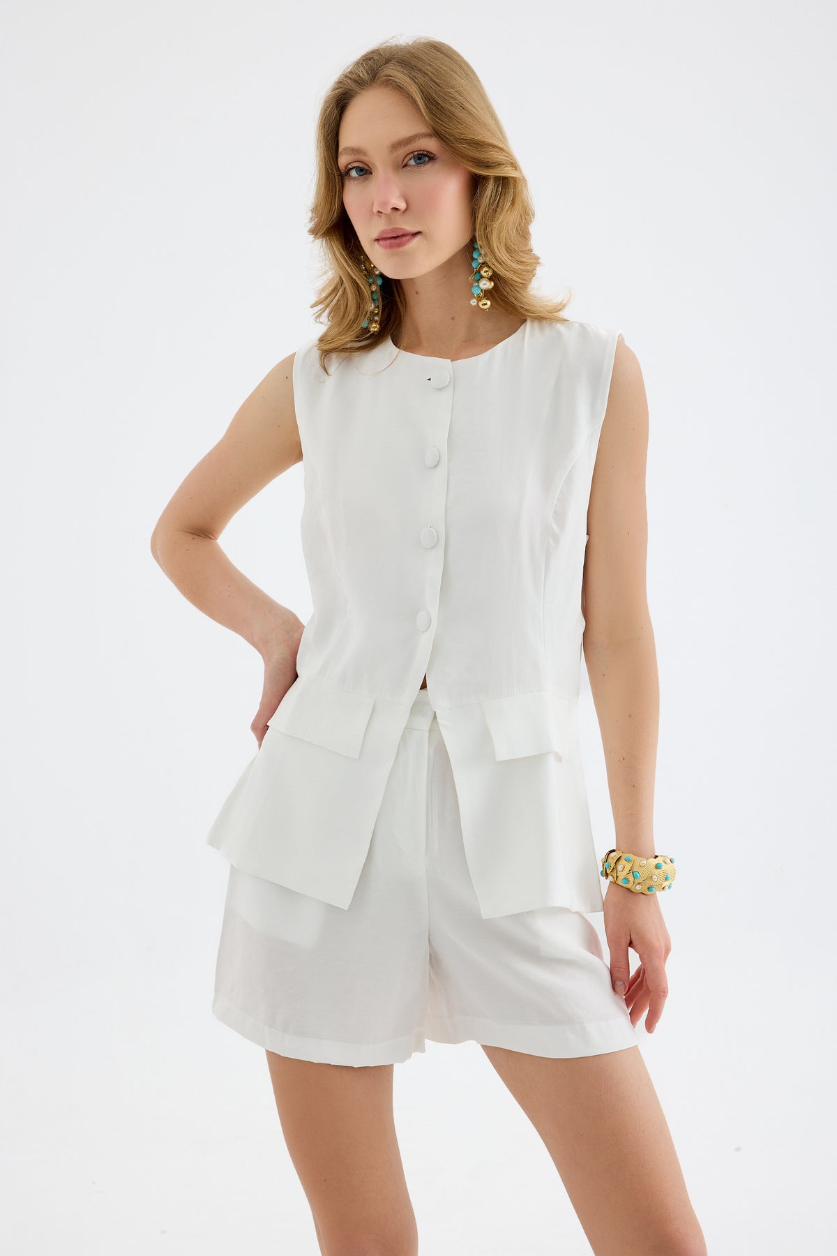 Anaelle Button-Front Flared Vest - White