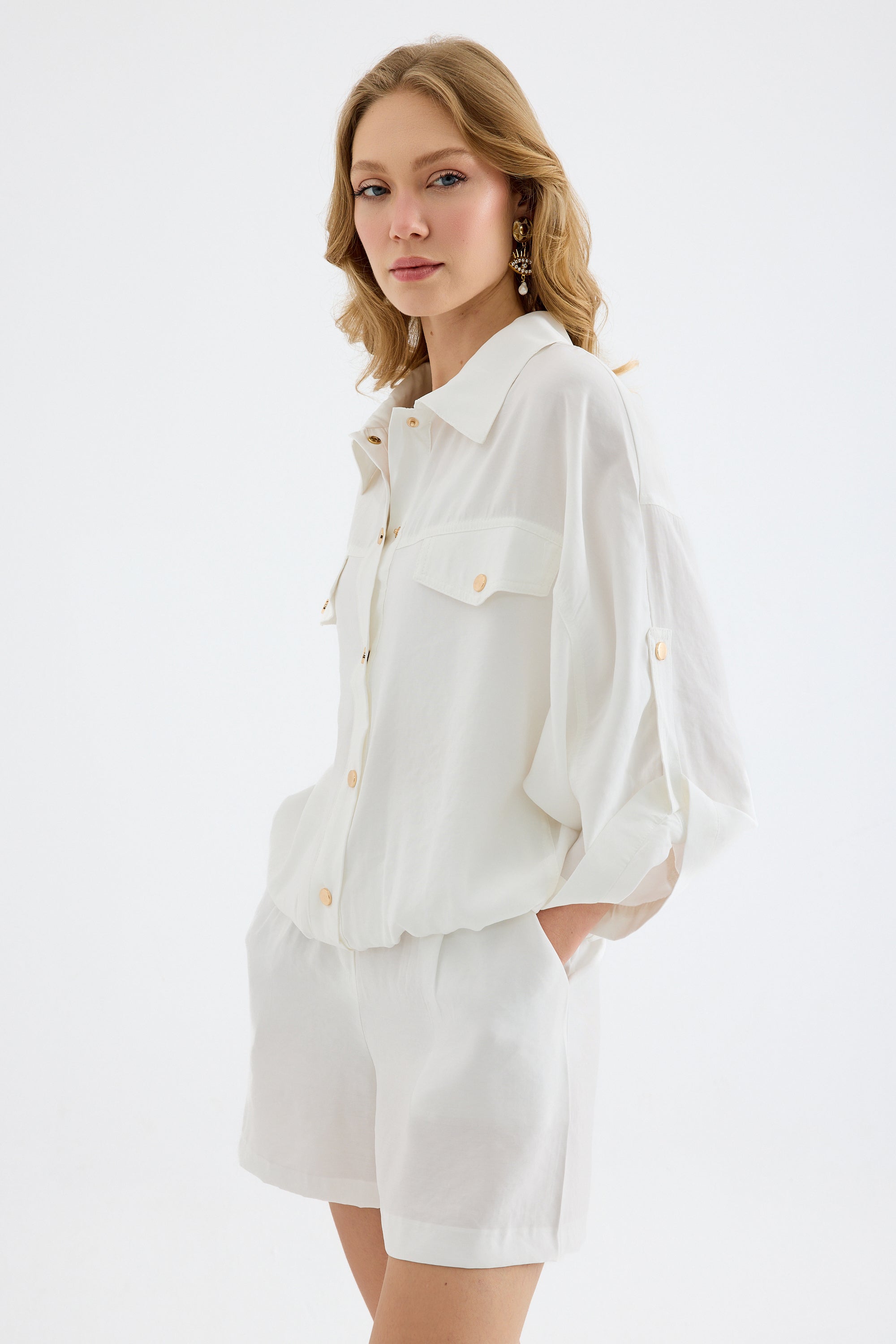 Aurelia Gold Button Relaxed Bomber  White Jacket