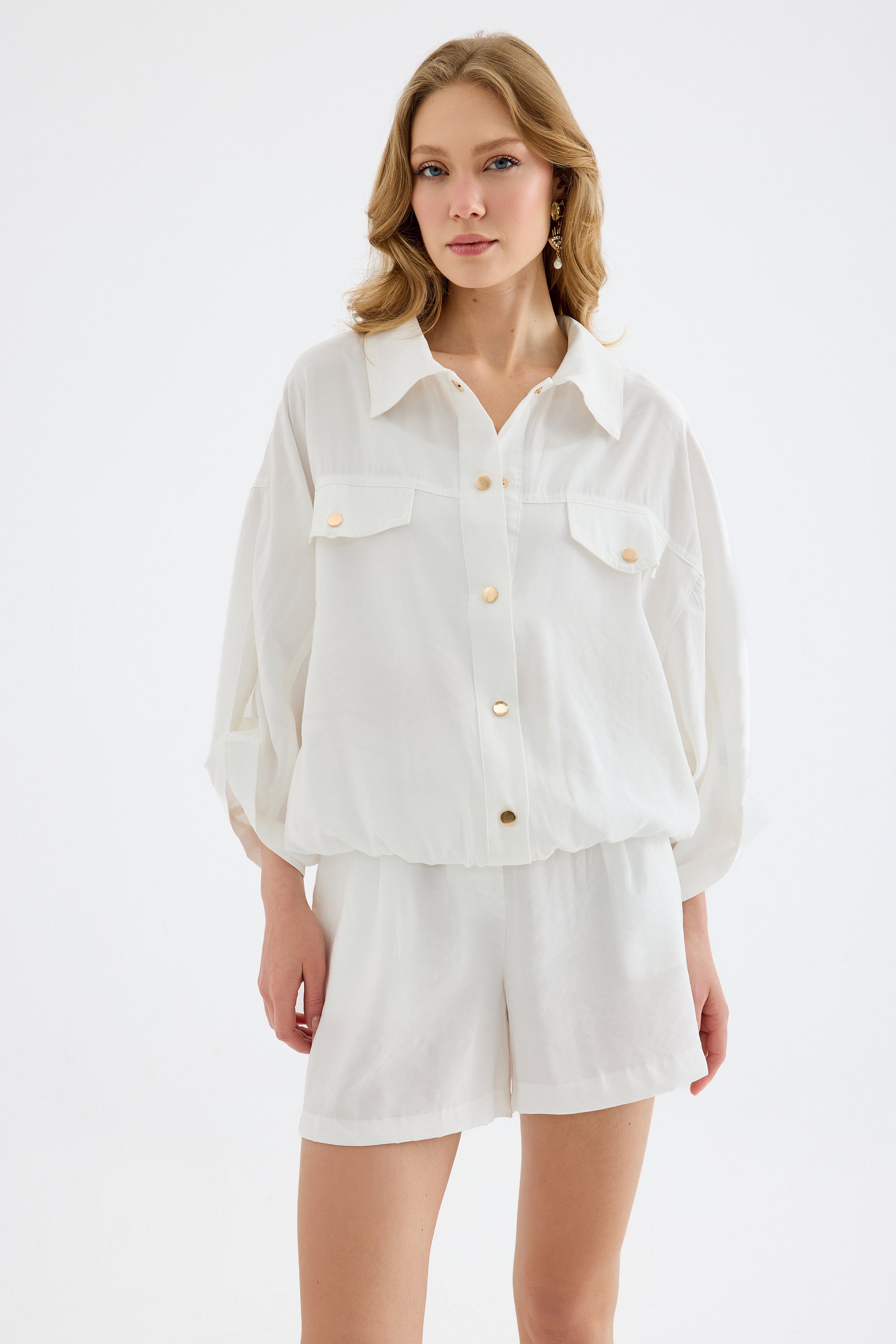 Aurelia Gold Button Relaxed Bomber  White Jacket