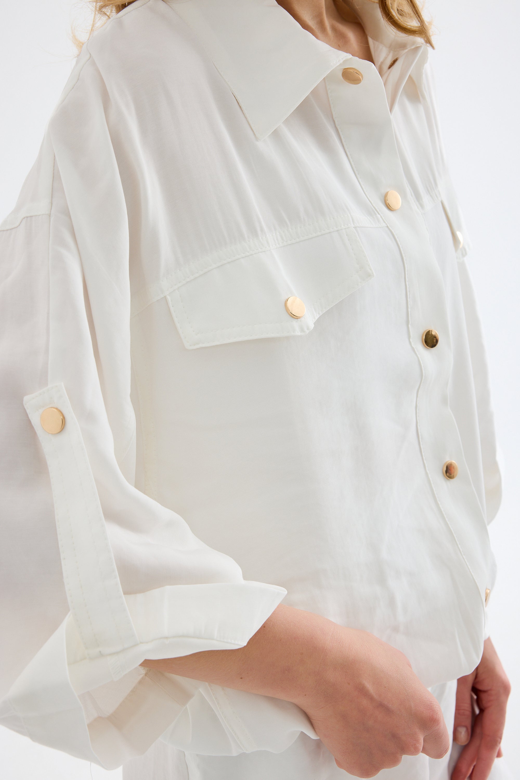 Aurelia Gold Button Relaxed Bomber  White Jacket