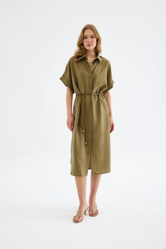 Solenne Cotton Midi Shirt Dress - Khaki