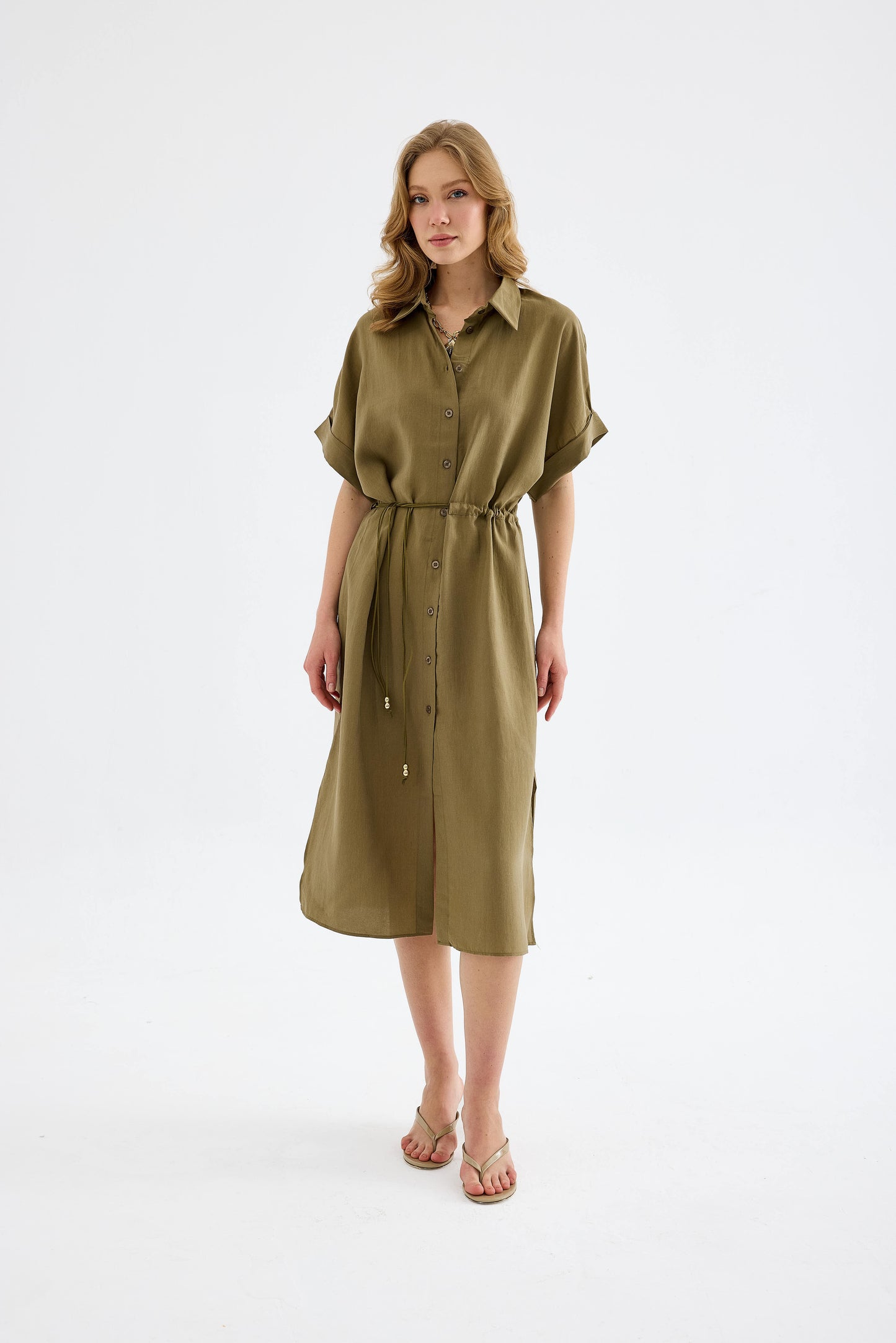 Solenne Cotton Midi Shirt Dress - Khaki