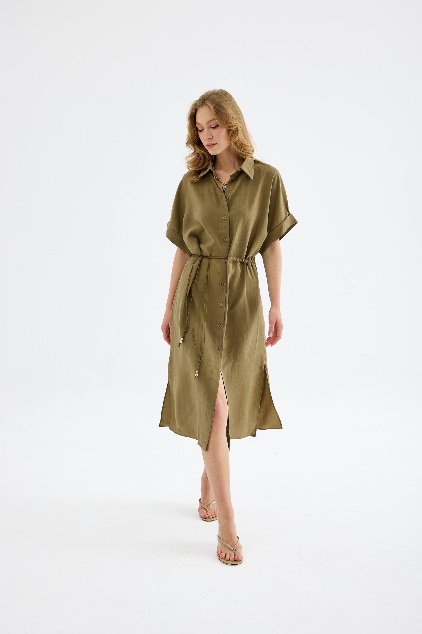 Solenne Cotton Midi Shirt Dress - Khaki