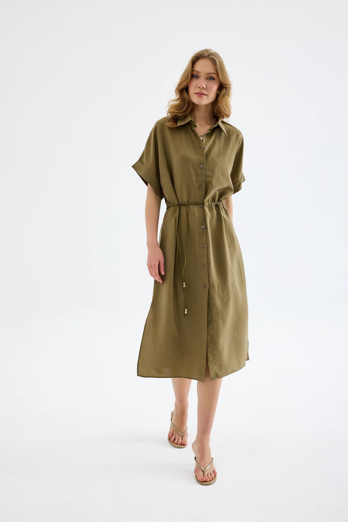 Solenne Cotton Midi Shirt Dress - Khaki
