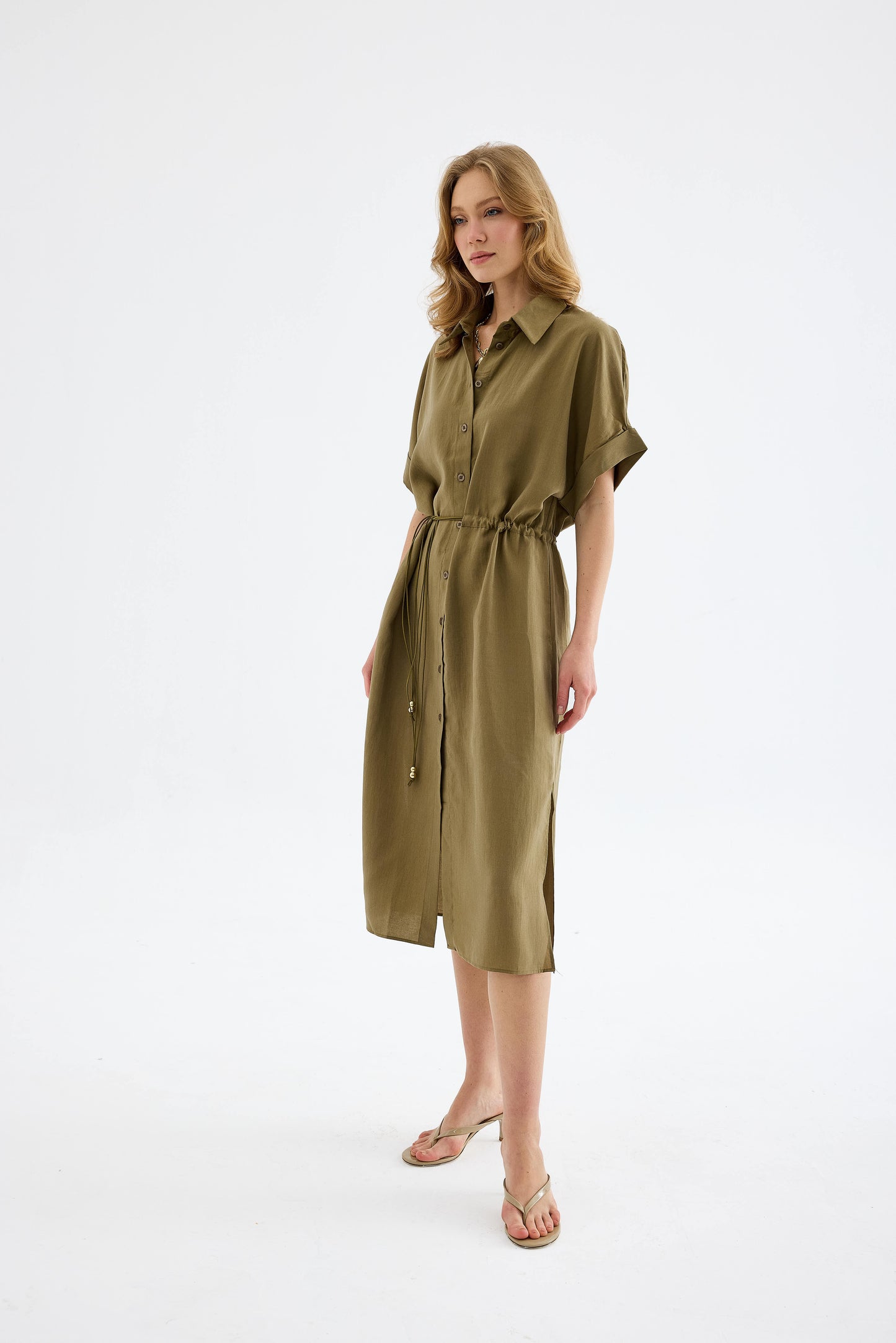 Solenne Cotton Midi Shirt Dress - Khaki