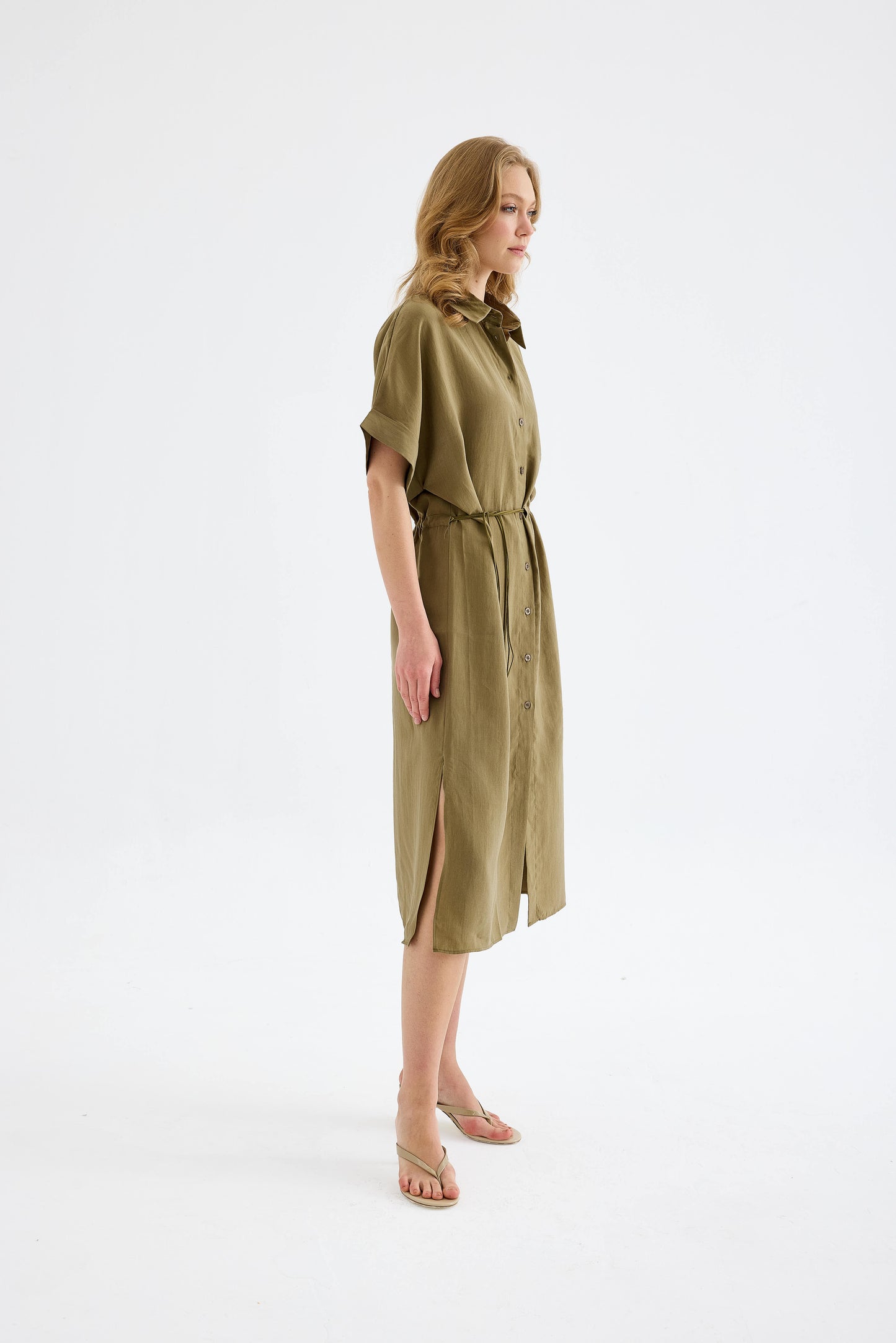 Solenne Cotton Midi Shirt Dress - Khaki