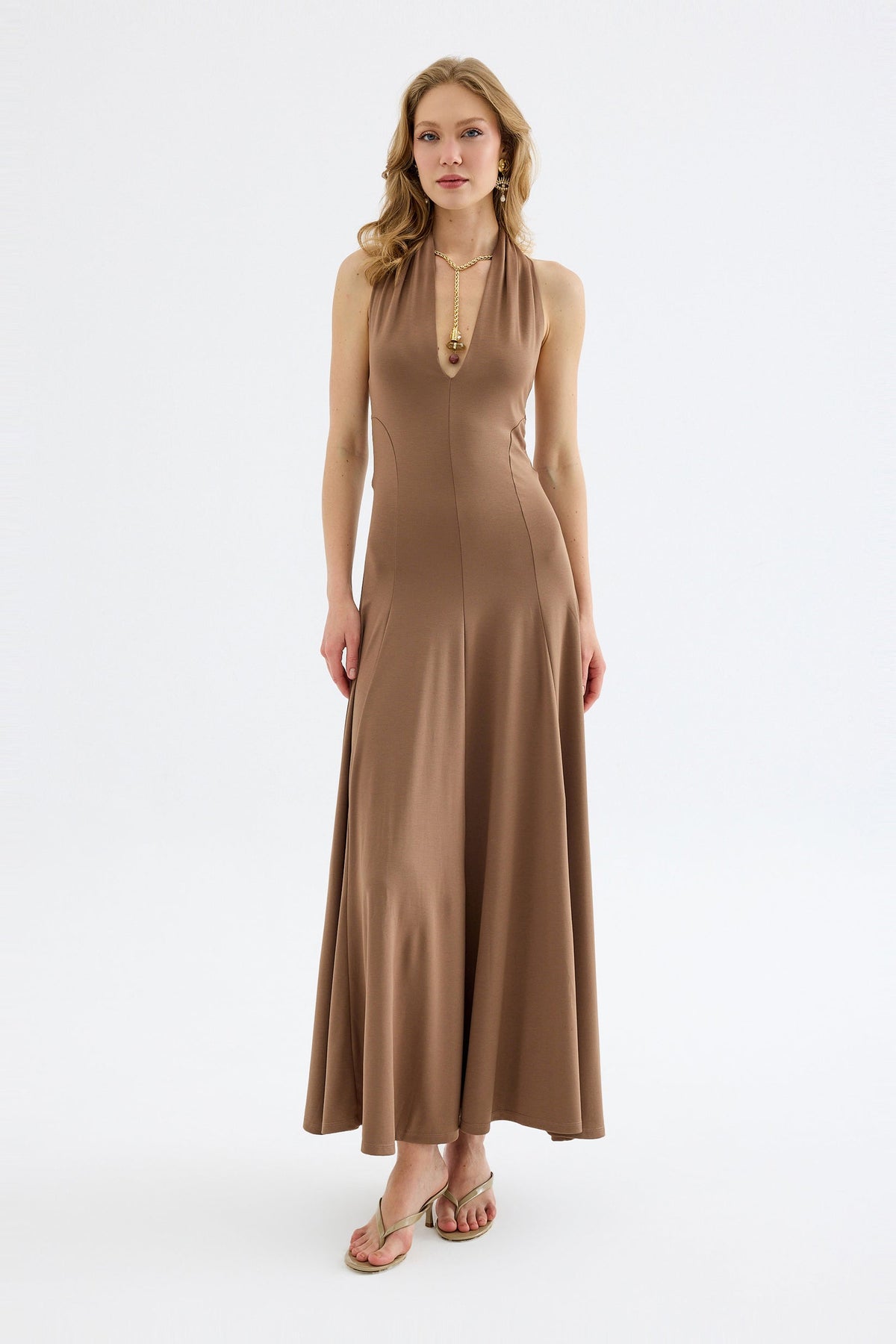 Isolde Viscose Halter Neck Maxi Dress – Beige