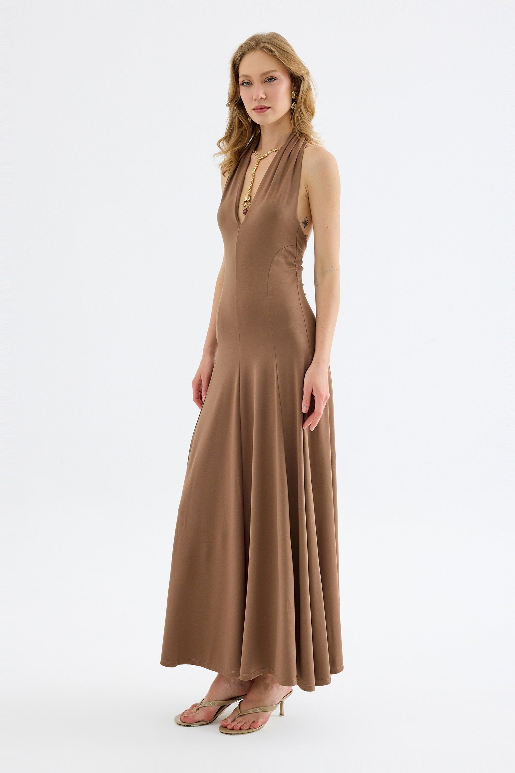 Isolde Viscose Halter Neck Maxi Dress – Beige