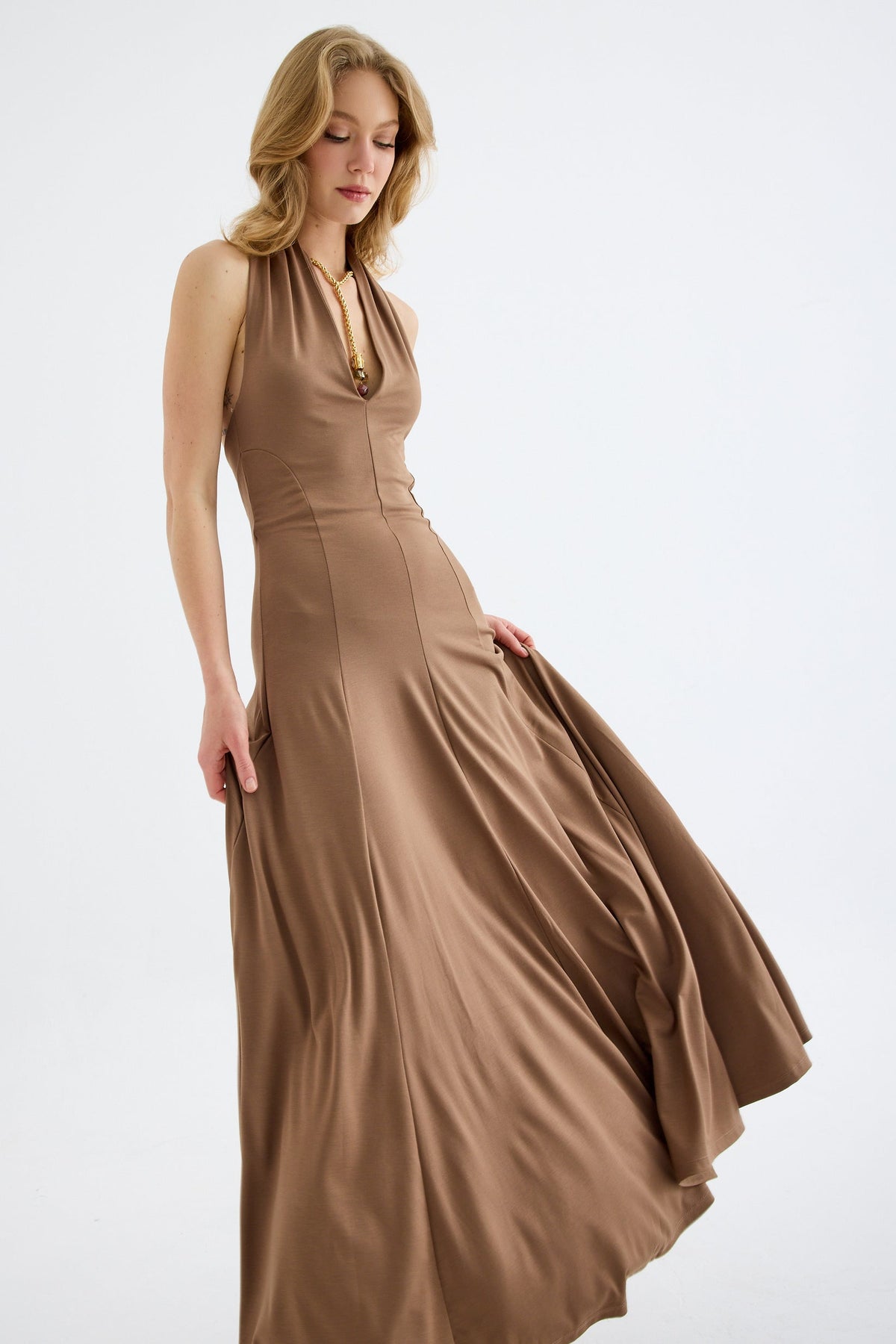Isolde Viscose Halter Neck Maxi Dress – Beige
