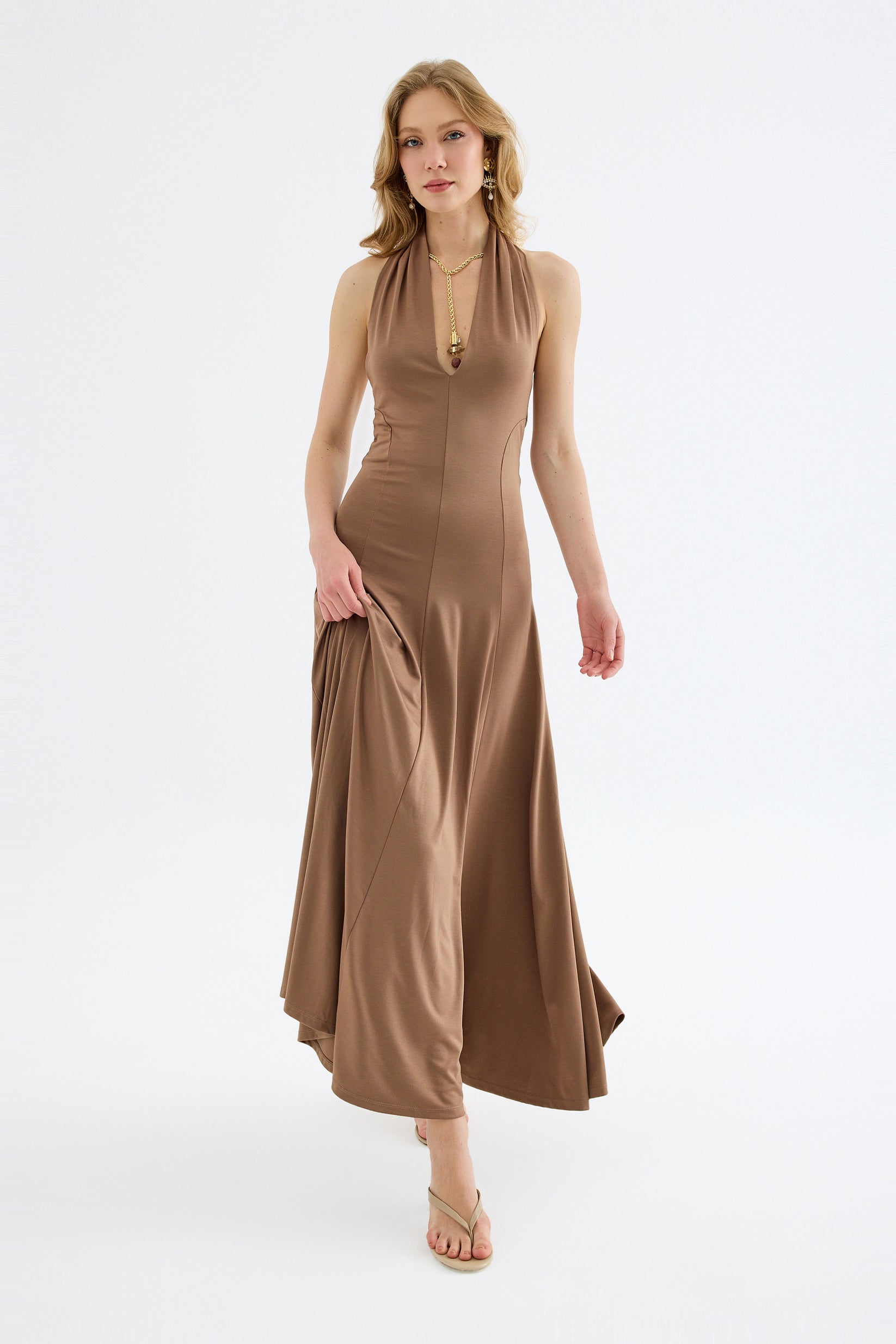 Isolde Viscose Halter Neck Maxi Dress – Beige