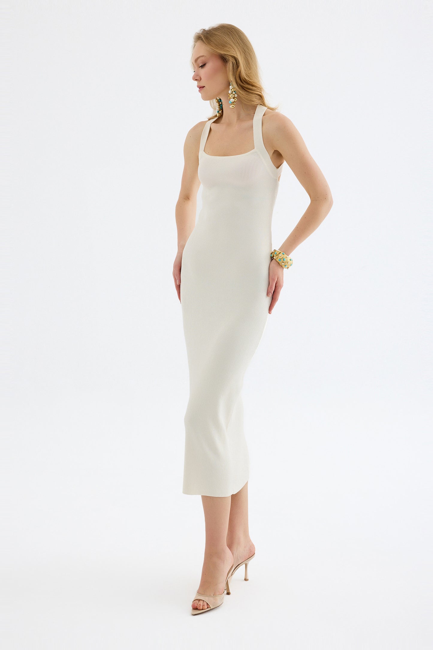 Azura Knit Crisscross Back Bodycon Midi Dress - Ivory