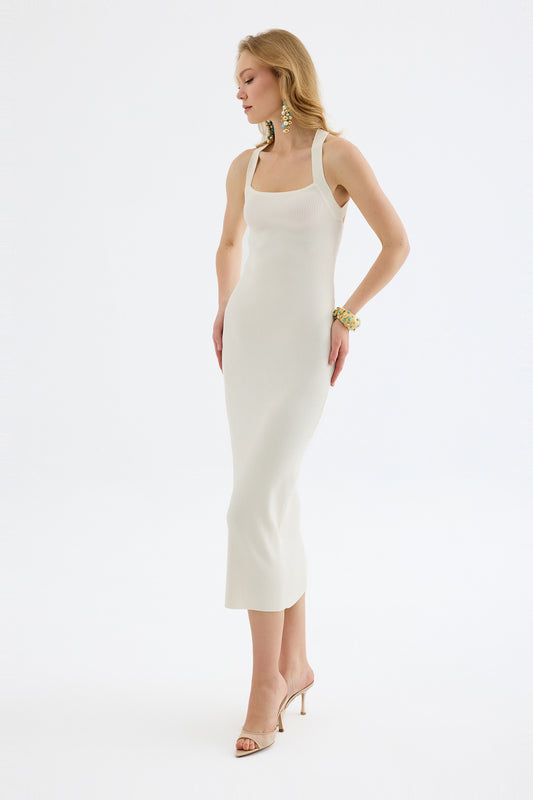 Azura Knit Crisscross Back Bodycon Midi Dress - Ivory