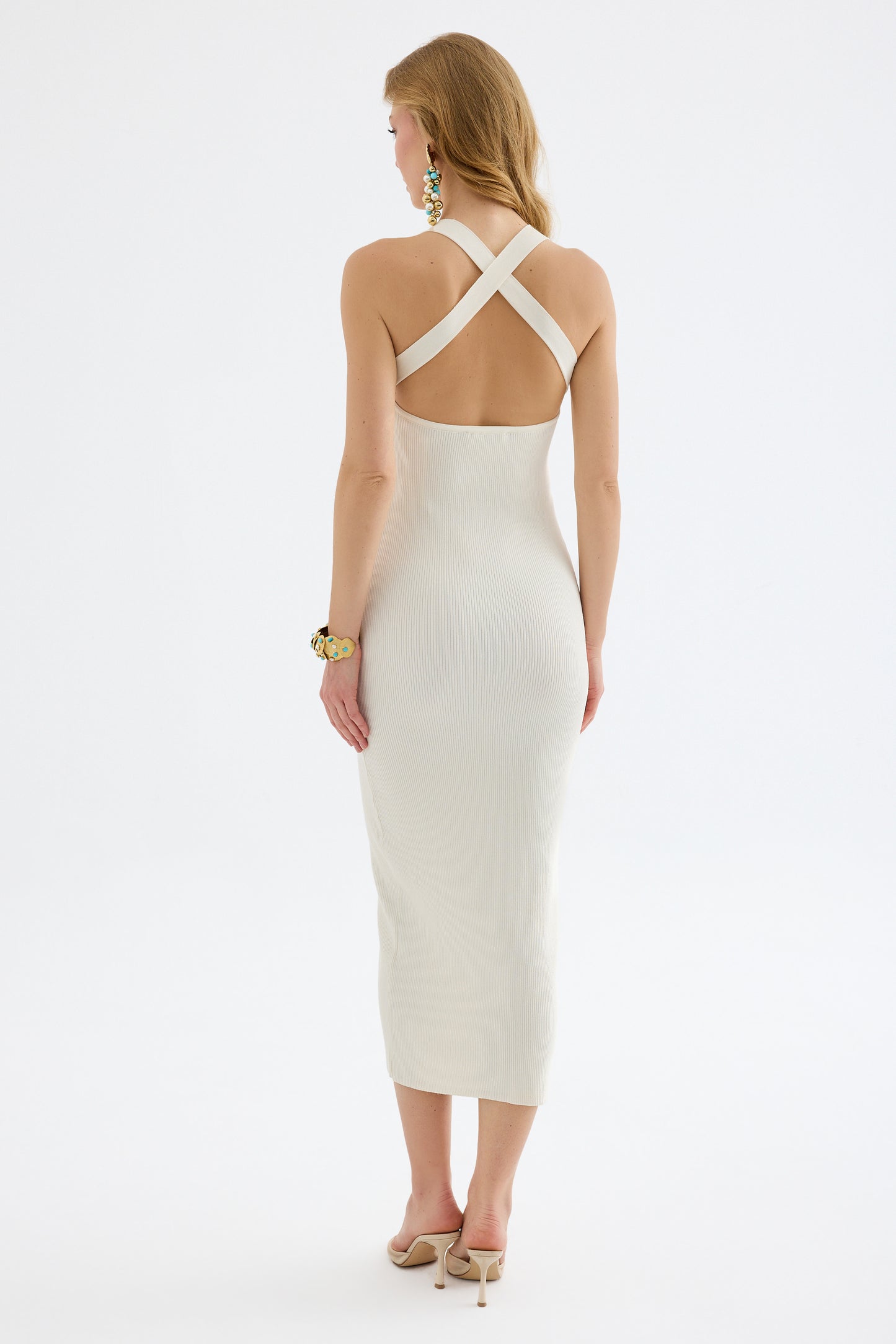 Azura Knit Crisscross Back Bodycon Midi Dress - Ivory