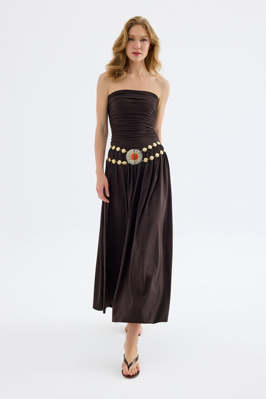 Aluna Strapless Maxi Brown Dress