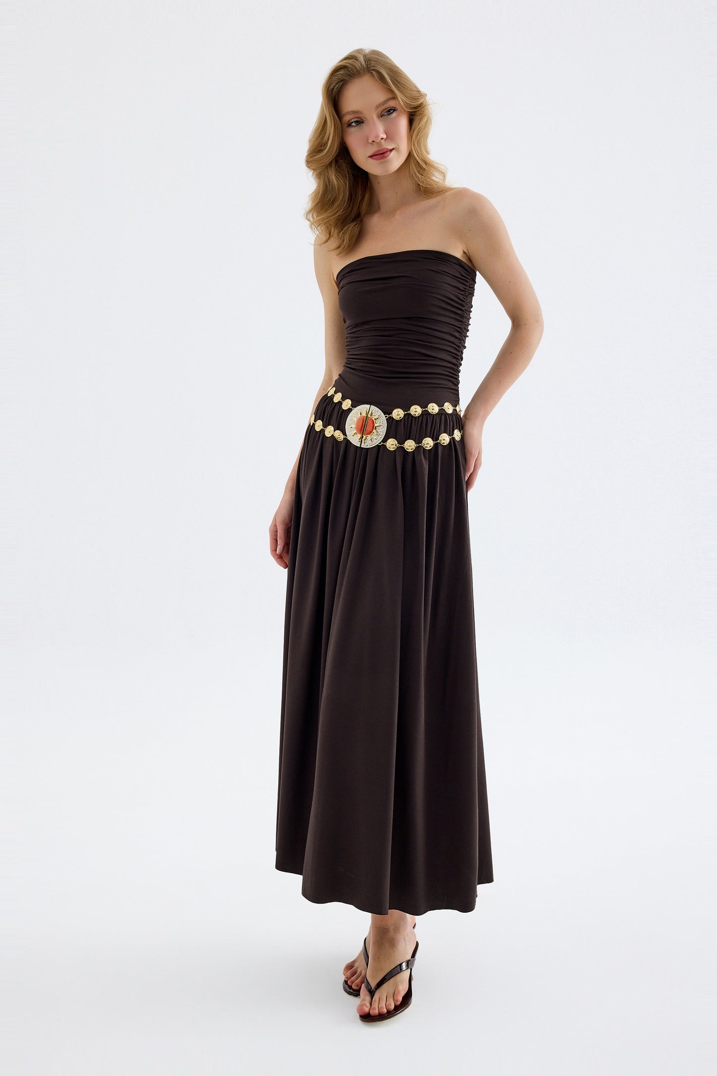 Aluna Strapless Maxi Brown Dress