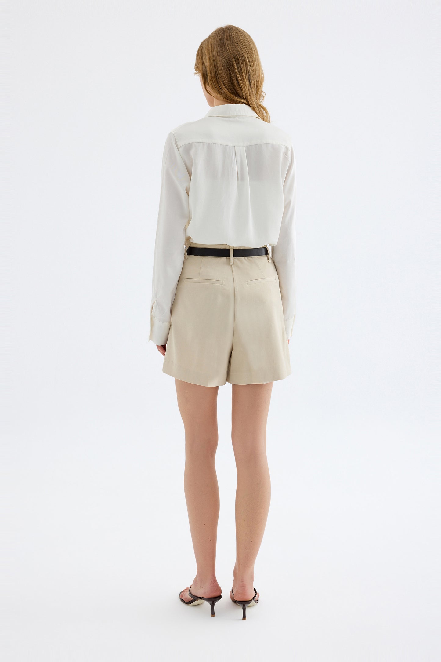 Lina High Waisted Single Pleat Beige Shorts